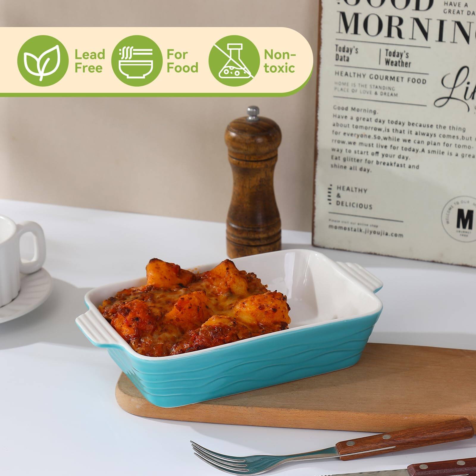 Sure, here is the corrected and grouped text from the image:

---

**Lead Free**  
**For Food**  
**Non-toxic**

---

**Today's Data**  
**Today's Weather**

**HEALTHY GOURMET FOOD**  
**HOME IS THE STANDING PLACE OF LOVE & DREAM**

**Good Morning.**  
**Have a great day today because the thing about tomorrow is that it always comes, but we must plan for today. A smile is a great way to start off your day. Eat glitter for breakfast and shine all day.**

**HEALTHY & DELICIOUS**

**momestalk.jiyeujia.com**

---

**HAVE A GREAT DAY**  
**GOOD MORNING**  
**Lif**