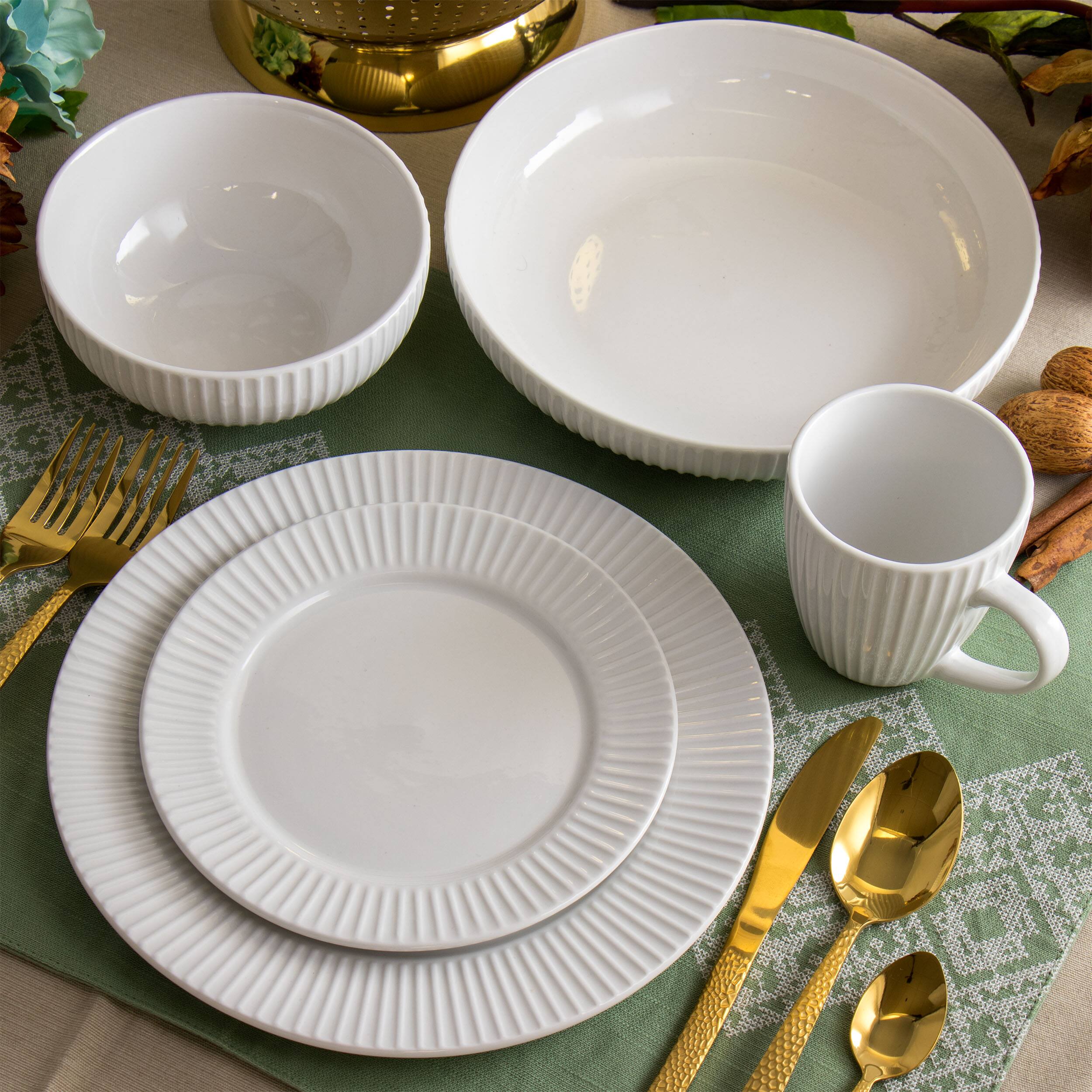 Alt View 7. Elama - Elama Elle 18 Piece Porcelain Dinnerware Set with 2 Large Serving Bowls in White - White.