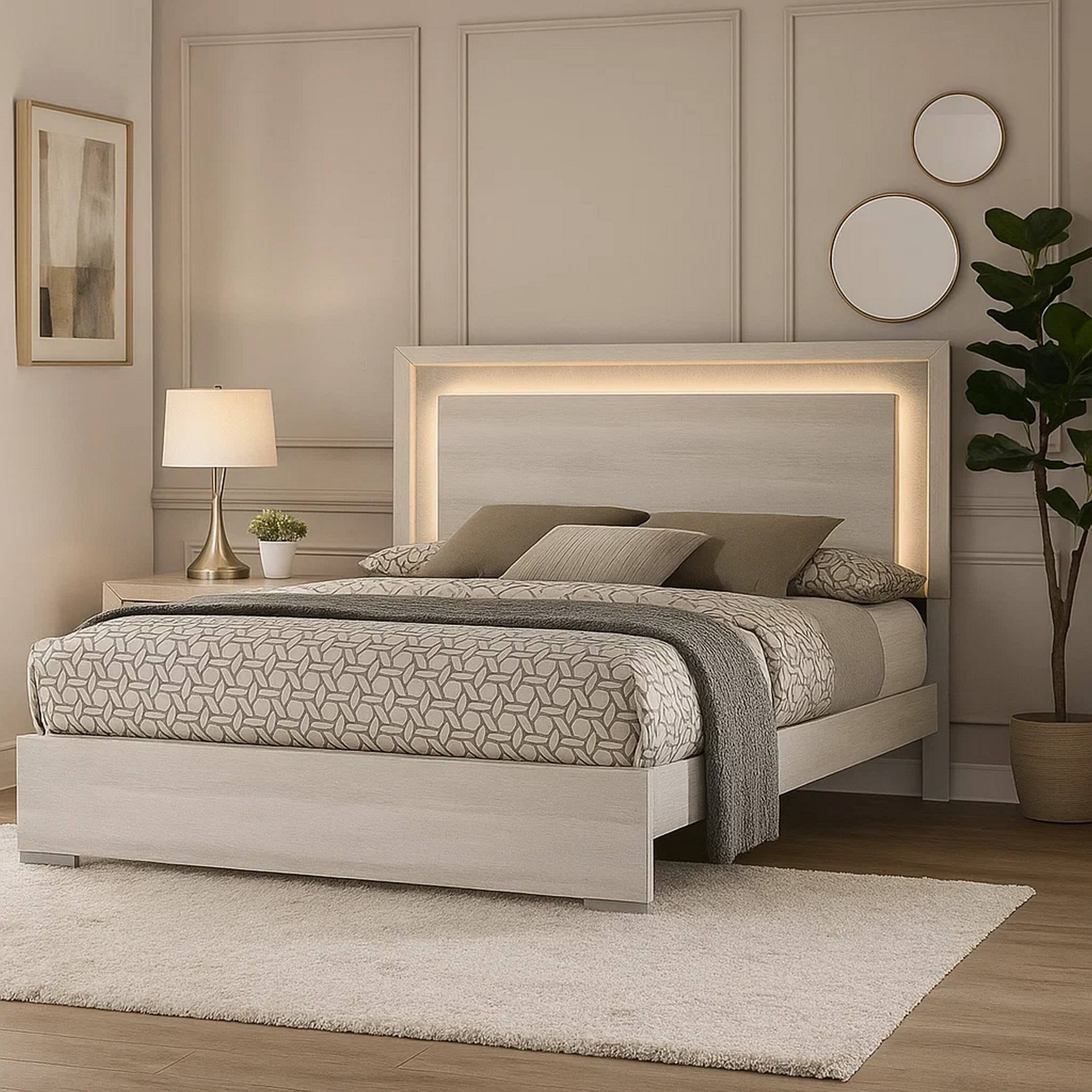 Alt View 6. Manhattan Lane - Nomi Queen Size Bed w LED on Headboard, Antique White Wash Finsih - White Wash, Stone Gray.