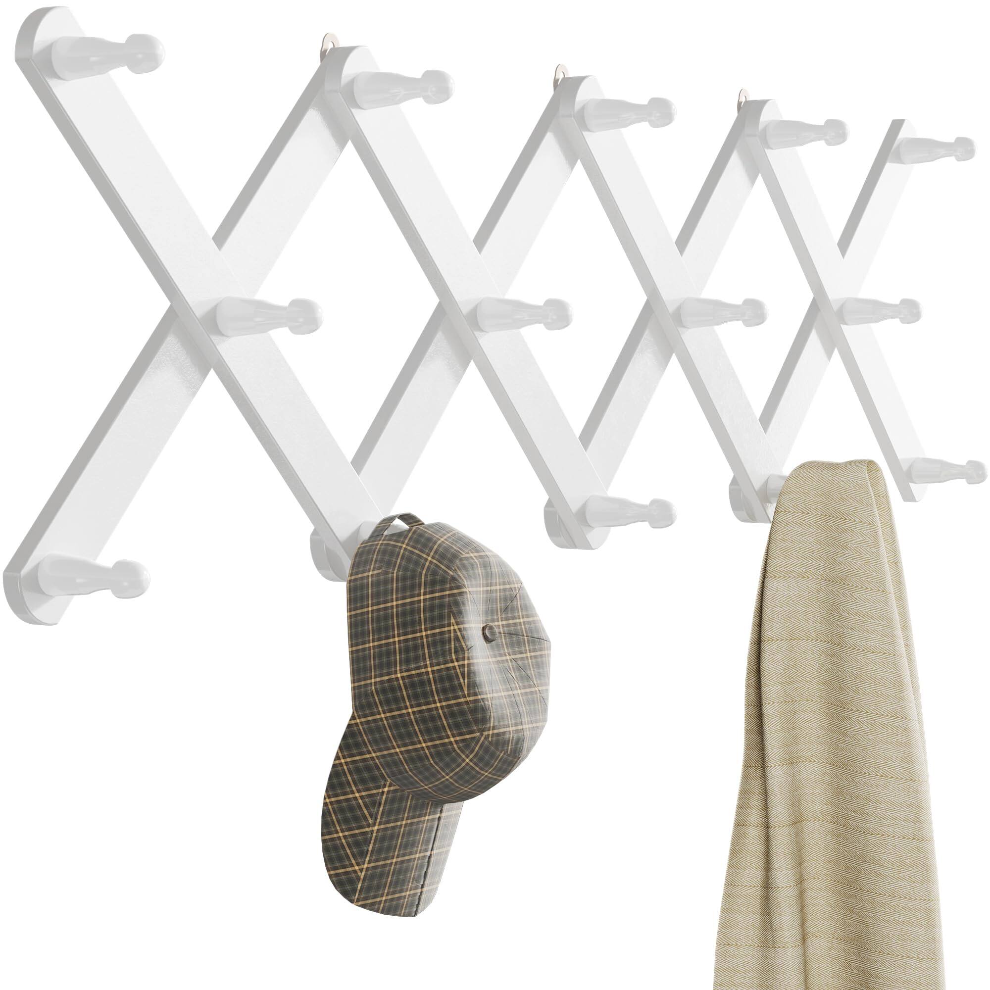 Front. HM 1810 - Wood Accordion Wall Hanger Expandable Coat Rack Mount With 14 Pegs Expanding Hat For - White 14 Pegs.
