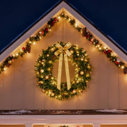 Alt View 8. Winado - 48in Pre-lit Christmas Wreath, Lighted Artificial Holiday Wreath with 150 Lights for In/Outdoor Xmas Party Decoration - Green/Golden.