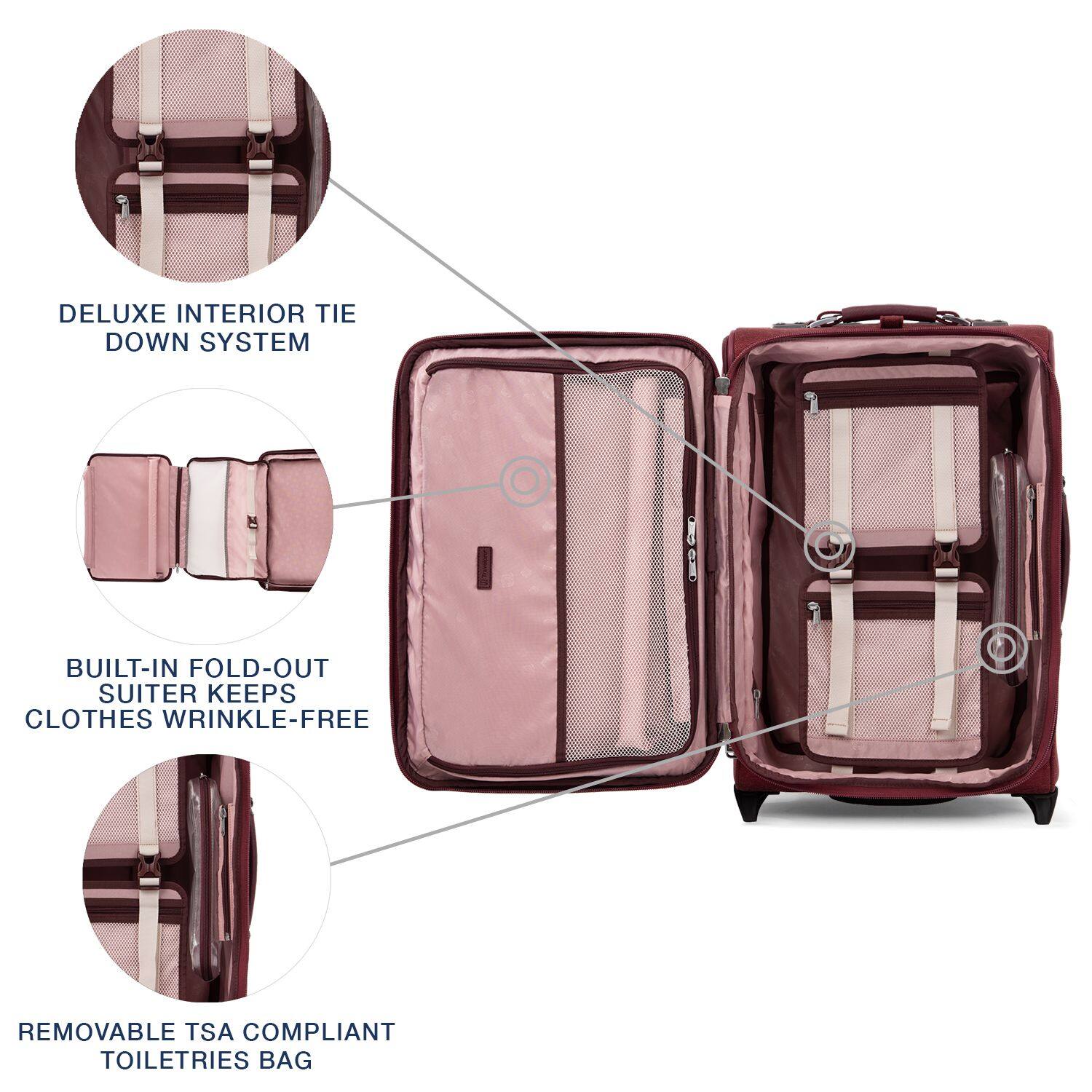 DELUXE INTERIOR TIE DOWN SYSTEM  
BUILT-IN FOLD-OUT SUITER KEEPS CLOTHES WRINKLE-FREE  
REMOVABLE TSA COMPLIANT TOILETRIES BAG