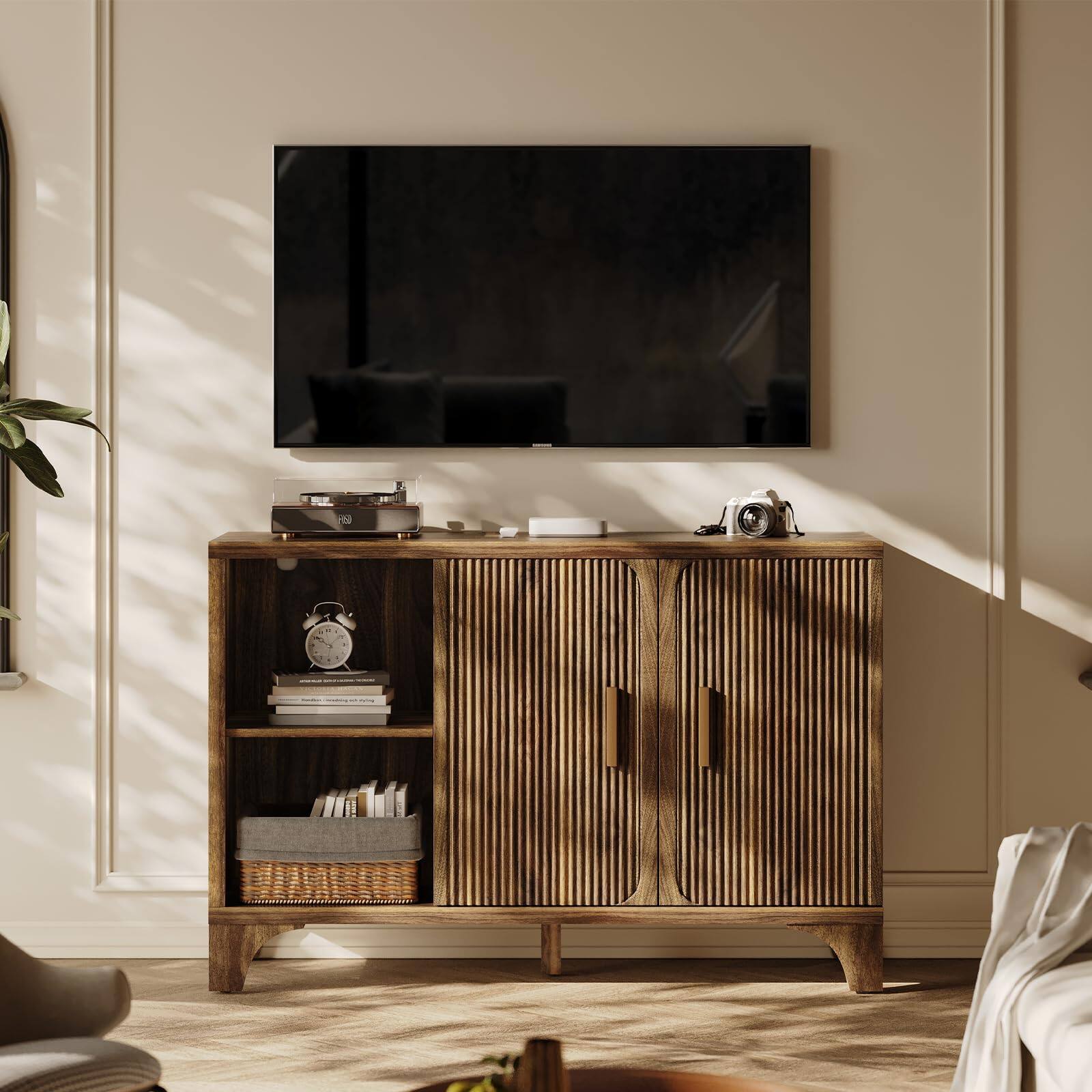 Angle. Sugift - 47" Mid Century Fluted Buffet Cabinet with Storage Accent Sideboard and Credenza Console for Kitchen and Living Room - Brwon.