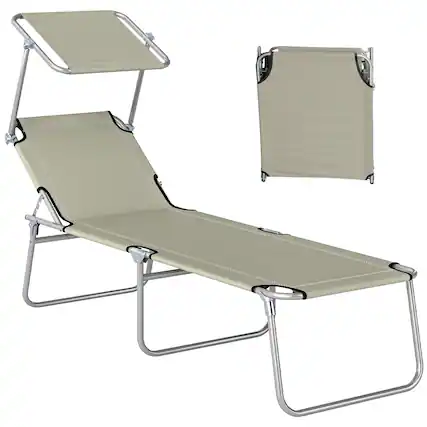 Front. Outsunny - Outdoor Lounge Chair, Adjustable Folding Chaise Lounge, Tanning Chair with Sun Shade for Beach, Camping, Hiking - Cream White.