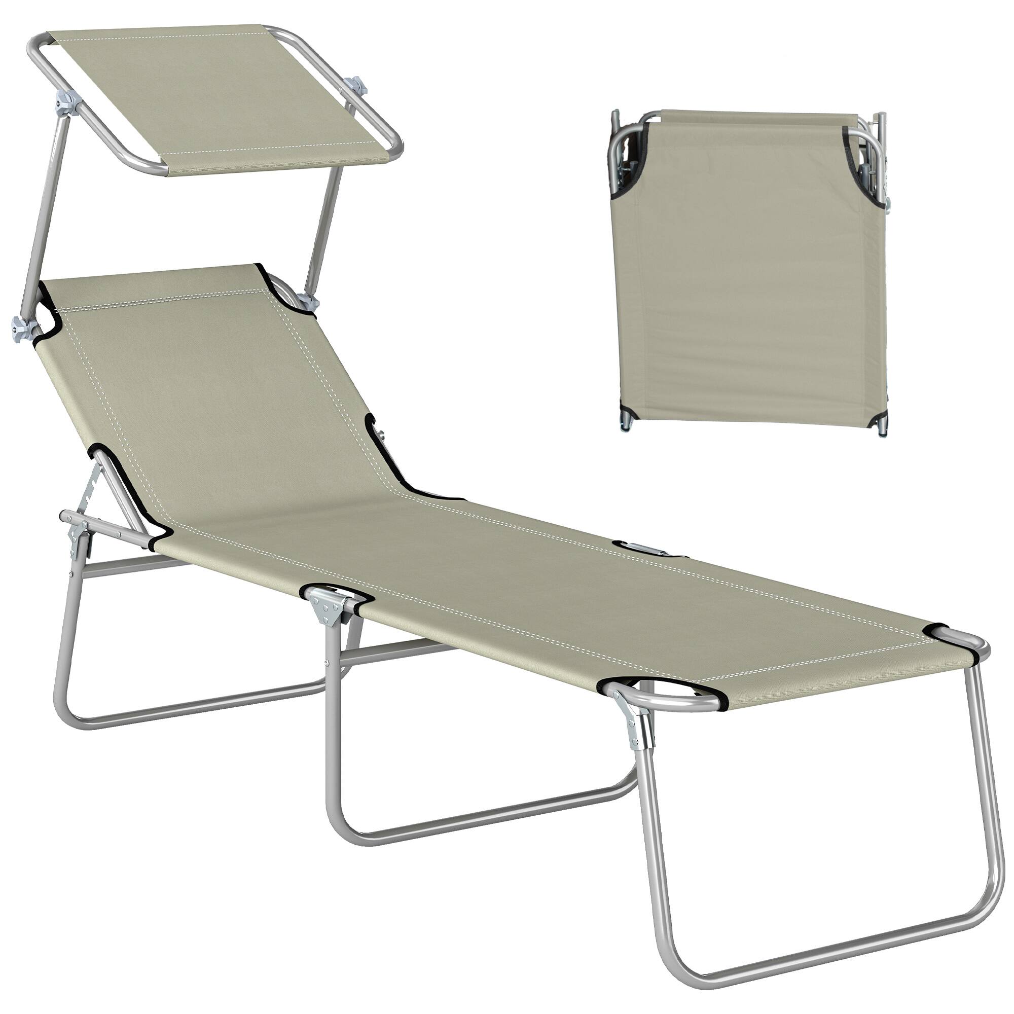 Front. Outsunny - Outdoor Lounge Chair, Adjustable Folding Chaise Lounge, Tanning Chair with Sun Shade for Beach, Camping, Hiking - Cream White.