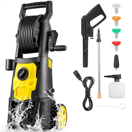 Front. Ecooso - Electric Pressure Washer 2000 PSI Max 1.76 GPM w/ 30ft Hose, 5 Quick Nozzles & Foam Cannon for Cars, Patios, Driveways - Yellow.