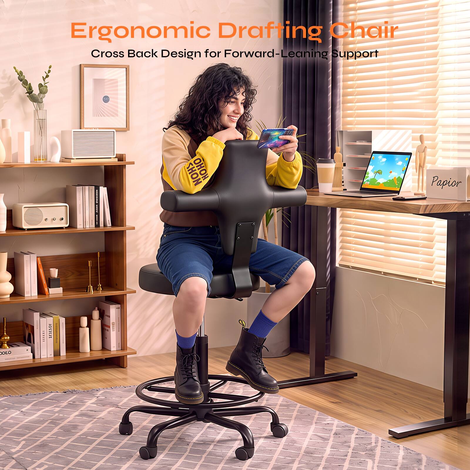Ergonomic Drafting Chair Cross Back Design for Forward-Leaning Support