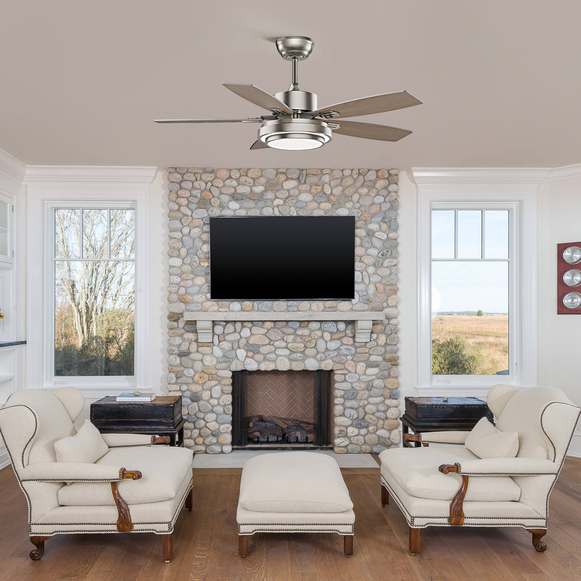 Back. Siljoy - 42-in Nickel Ceiling Fan with Nickel or Oak Color Blades Ceiling Fan With Light-Remote Included - Nickel.