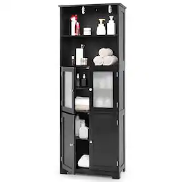 Ecooso - Tier Freestanding Bathroom Storage Cabinet with Adjustable Shelves and 2 Open Compartments - Black