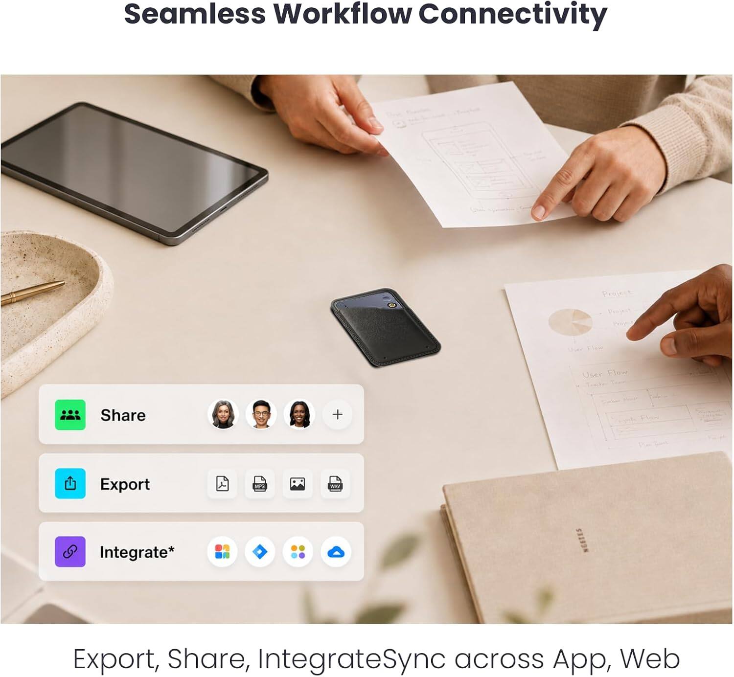 Seamless Workflow Connectivity

User Flow

Share
Export
Integrate*

Export, Share, IntegrateSync across App, Web