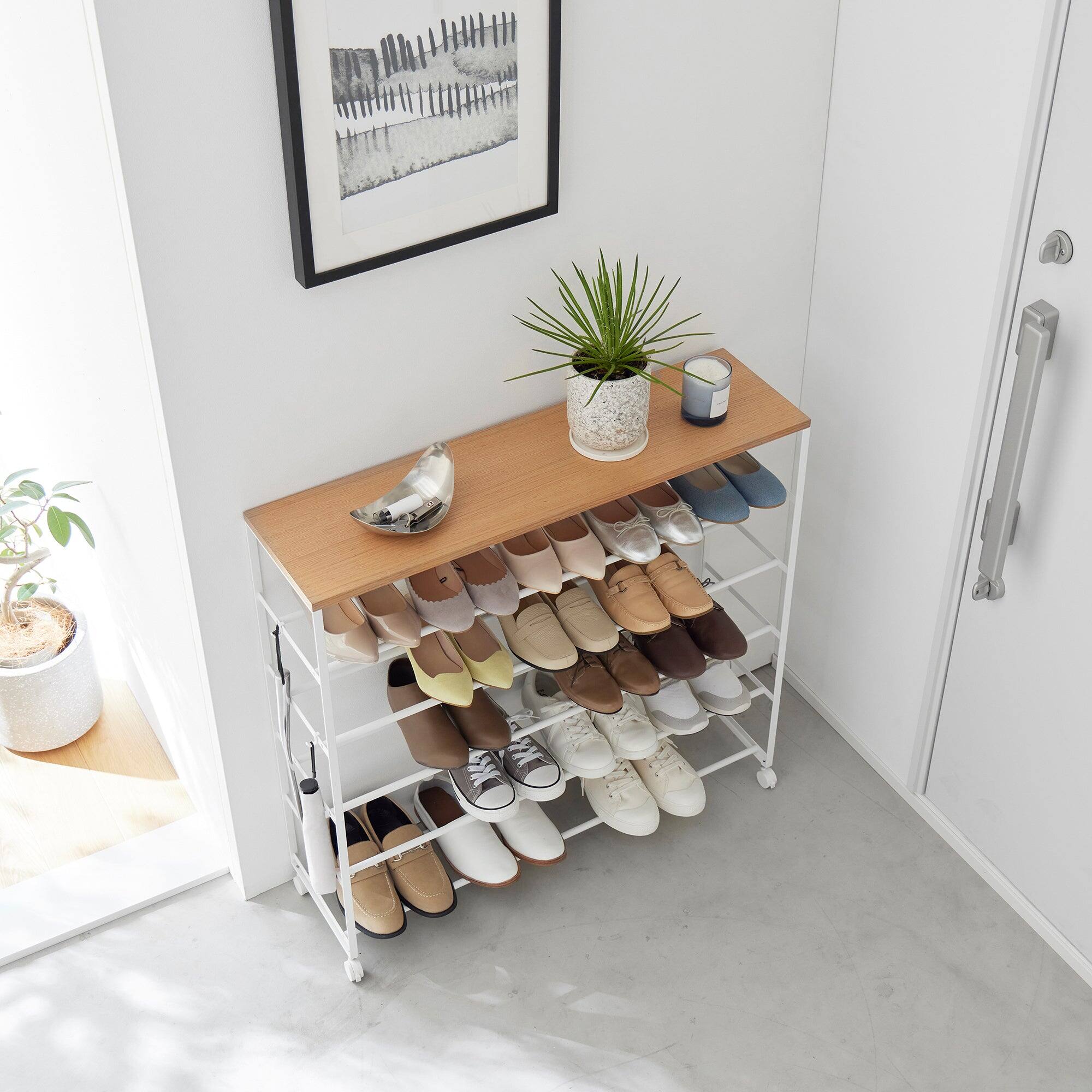 Angle. Yamazaki Home - Rolling Five-Tier Shoe Rack (34.25" H)  - Steel + Wood - Black.