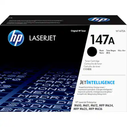 **hp LASERJET**
**Original HP Toner W1470A 147A**
- Black / Noir / Tinta Negra / Mau den / 黑色 / Cartridge de toner / Cartucho de toner / 打印硒鼓
**JET INTELLIGENCE**
- Powerful printing. Energy smart.
- Impression puissante. Énergie intelligente.
- Impresión potente. Inteligencia energética.
- In manh mă. Năng lượng thông minh.
**HP LaserJet Enterprise**
- M610, M611, M612, MFP M634, MFP M635, MFP M636