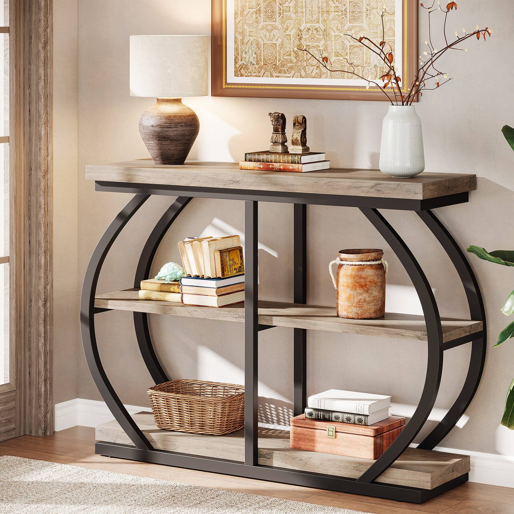 Alt View 5. Tribesigns - Console Table with Metal Frame, Storage Shelves, Space-Saving Design and Rectangular Top for Entryway - Brown.