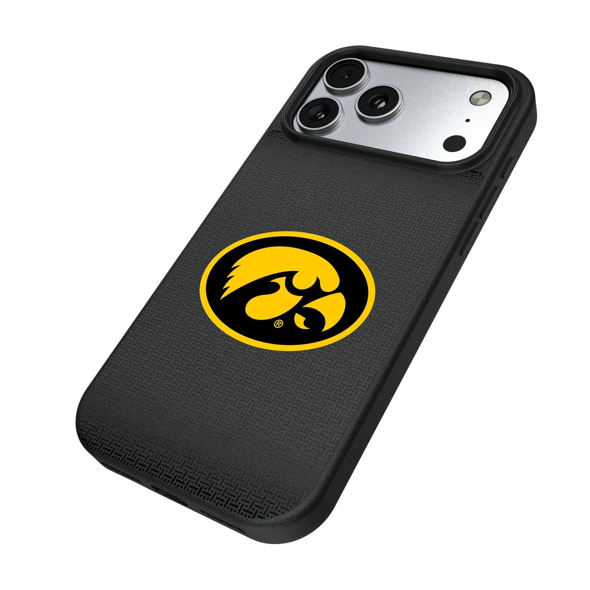 Alt View 1. Keyscaper - Iowa Hawkeyes Linen Logo iPhone Magnetic Bump Case - 15 Pro - Black.