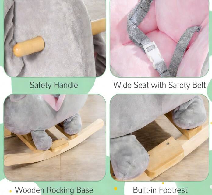 Safety Handle  
Wide Seat with Safety Belt  
Wooden Rocking Base  
Built-in Footrest