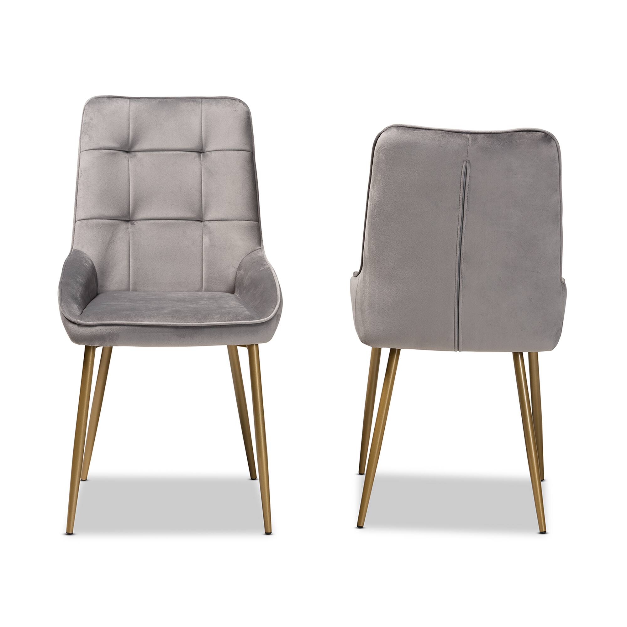 Angle. Baxton Studio - Gavino Modern Glam Velvet Fabric Upholstered and Gold Finished Metal 2-Piece Dining Chair Set - Grey/Gold.