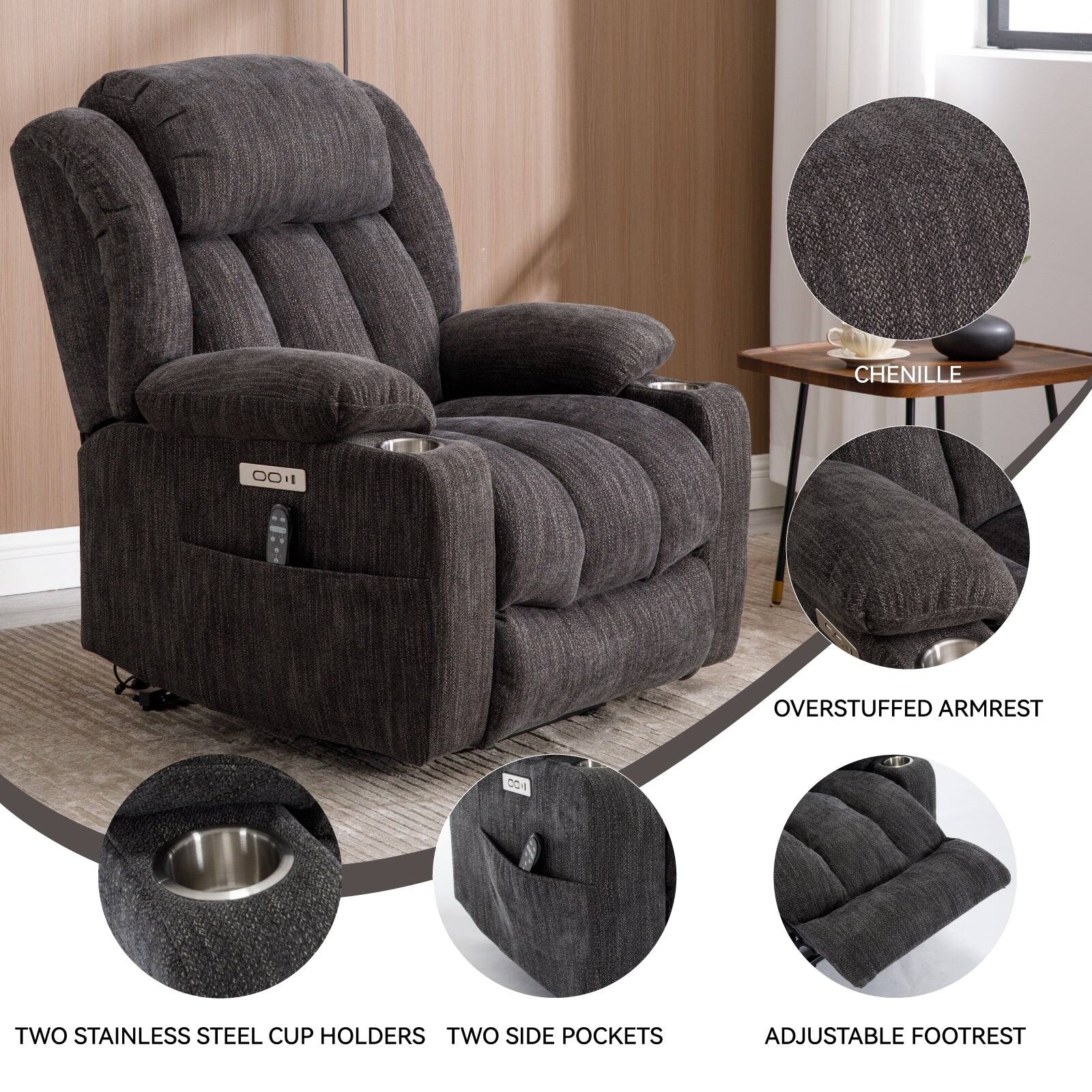 Chenille overstuffed armrest with two stainless steel cup holders, two side pockets, and adjustable footrest.