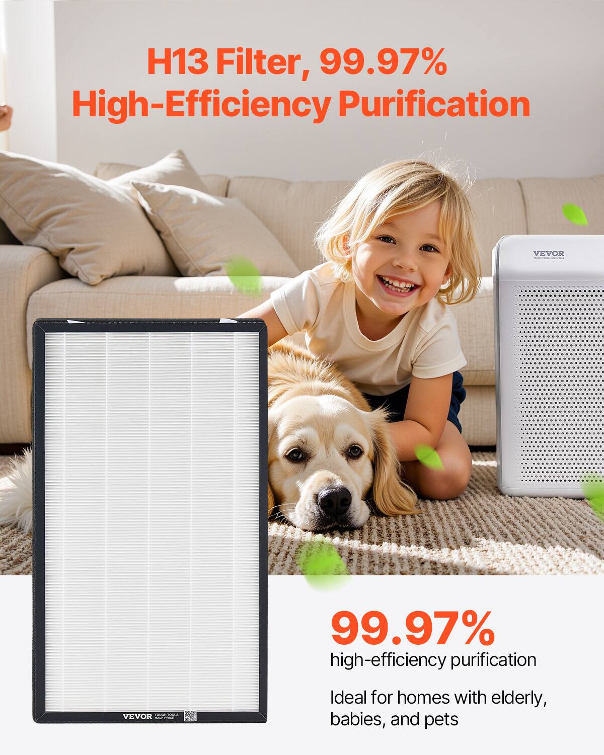 H13 Filter, 99.97% High-Efficiency Purification

99.97% high-efficiency purification

Ideal for homes with elderly, babies, and pets