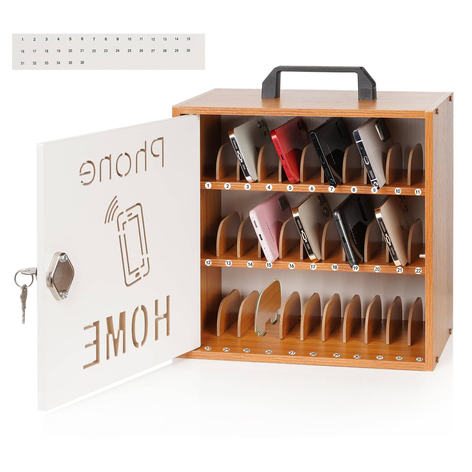 PO3TICJUNKI3 - Cell Phone Holder Classroom 33 Slots Pocket Chart Storage Cabinet With Handle And Lock Desktop For Office - Cherry