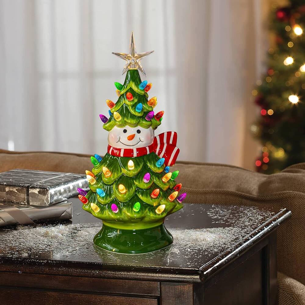 Angle. RTMB - Mini Ceramic Christmas Tree, 11" Pre-Lit Battery Operated Tabletop Tree with Snowman Ornaments and 50 Multicolored Light - Multicolored.