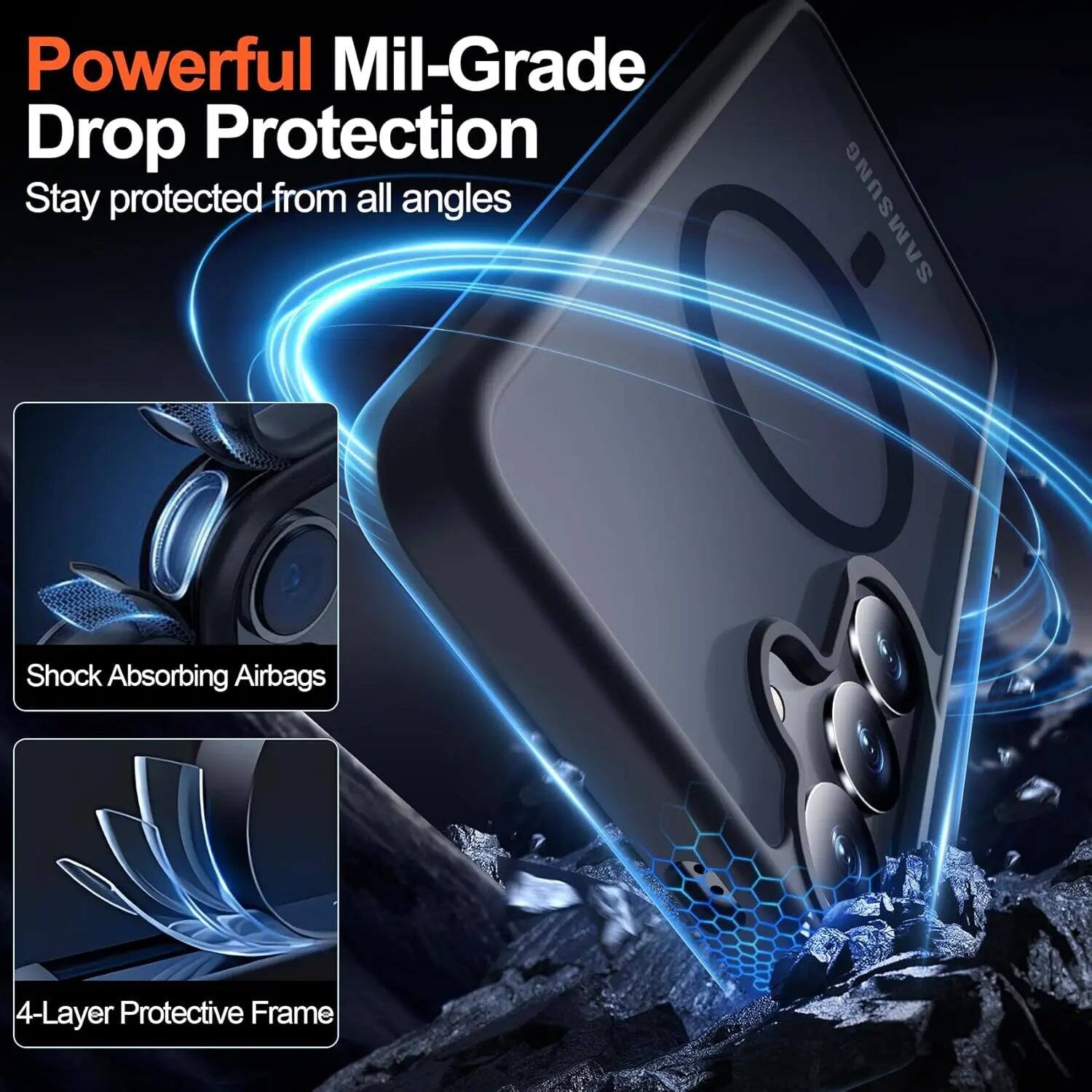 Powerful Mil-Grade Drop Protection  
Stay protected from all angles

SAMSUNG

Shock Absorbing Airbags

4-Layer Protective Frame