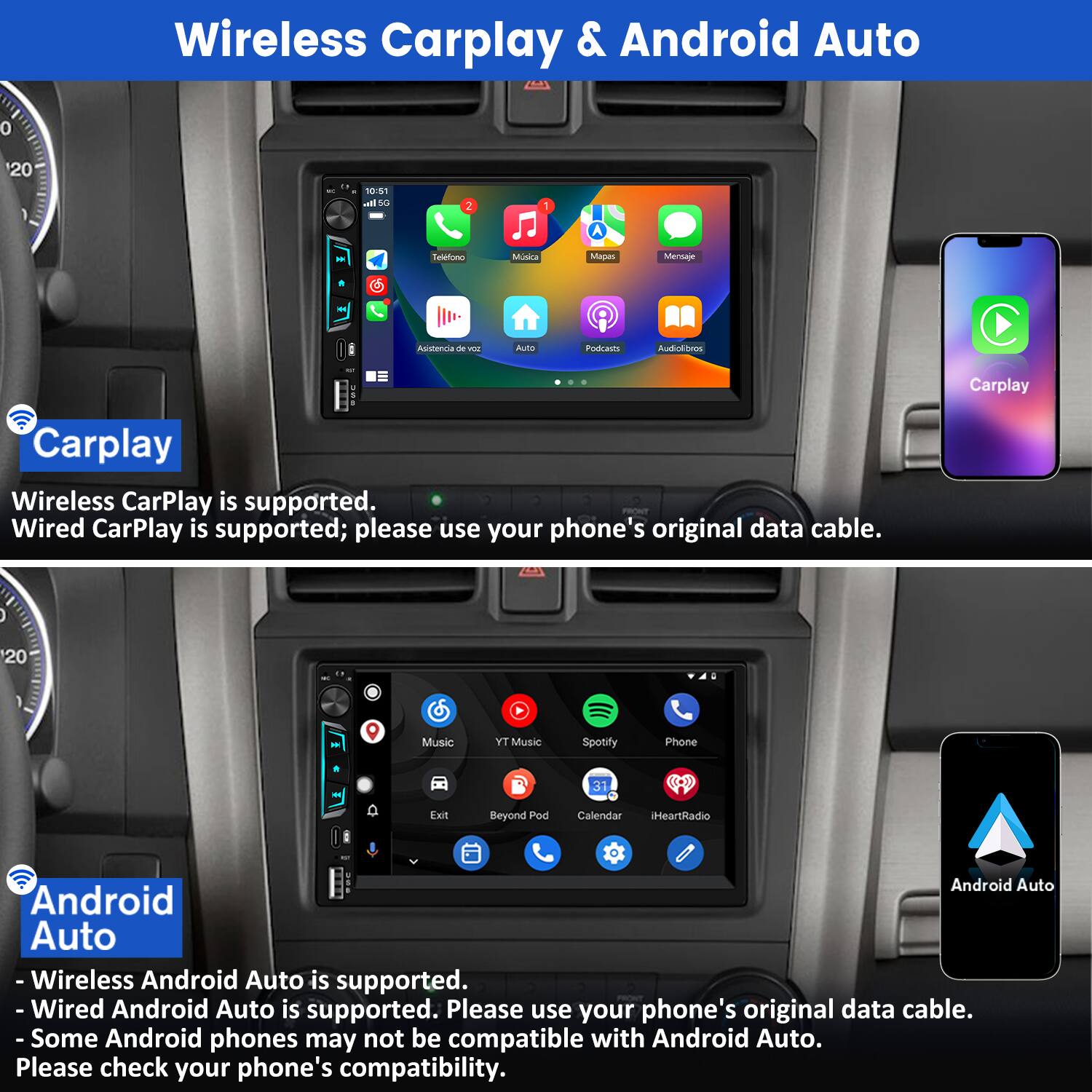 Wireless Carplay & Android Auto

**Carplay**
- Wireless CarPlay is supported.
- Wired CarPlay is supported; please use your phone's original data cable.

**Android Auto**
- Wireless Android Auto is supported.
- Wired Android Auto is supported. Please use your phone's original data cable.
- Some Android phones may not be compatible with Android Auto. Please check your phone's compatibility.