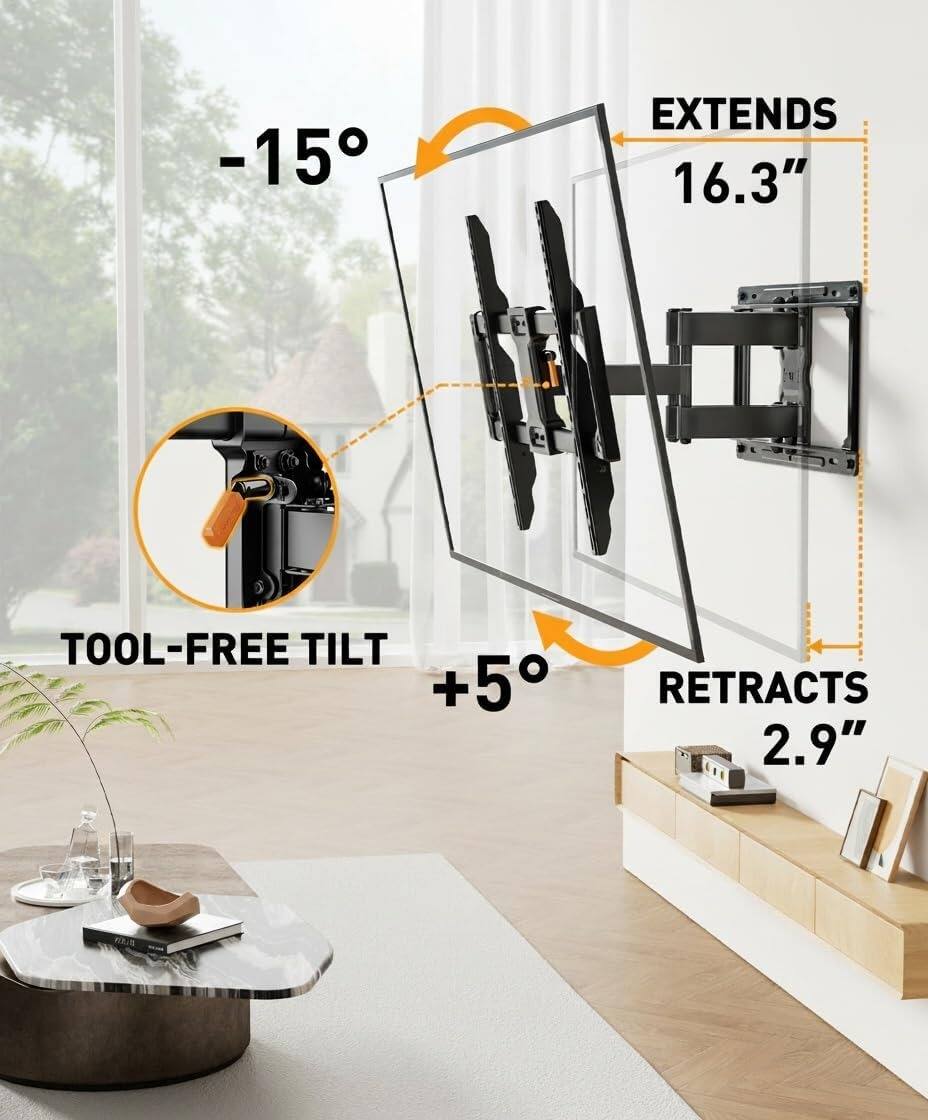 -15° EXTENDS 16.3" TOOL-FREE TILT +5° RETRACTS 2.9"