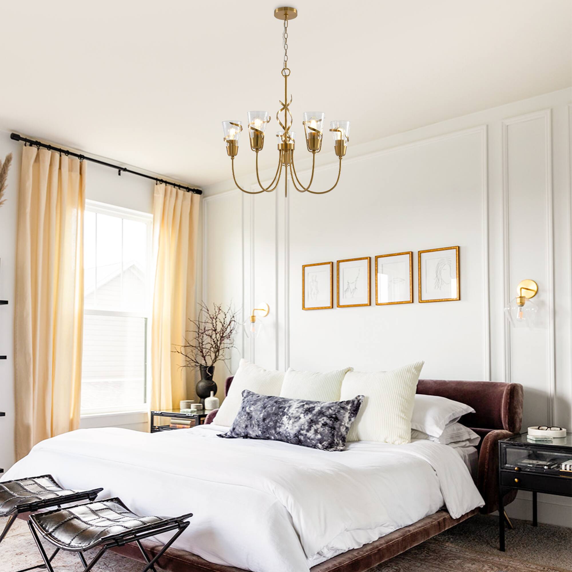 Left. Parrot Uncle - 26” 5-Light Gold Chandelier with Glass Shade - Gold.