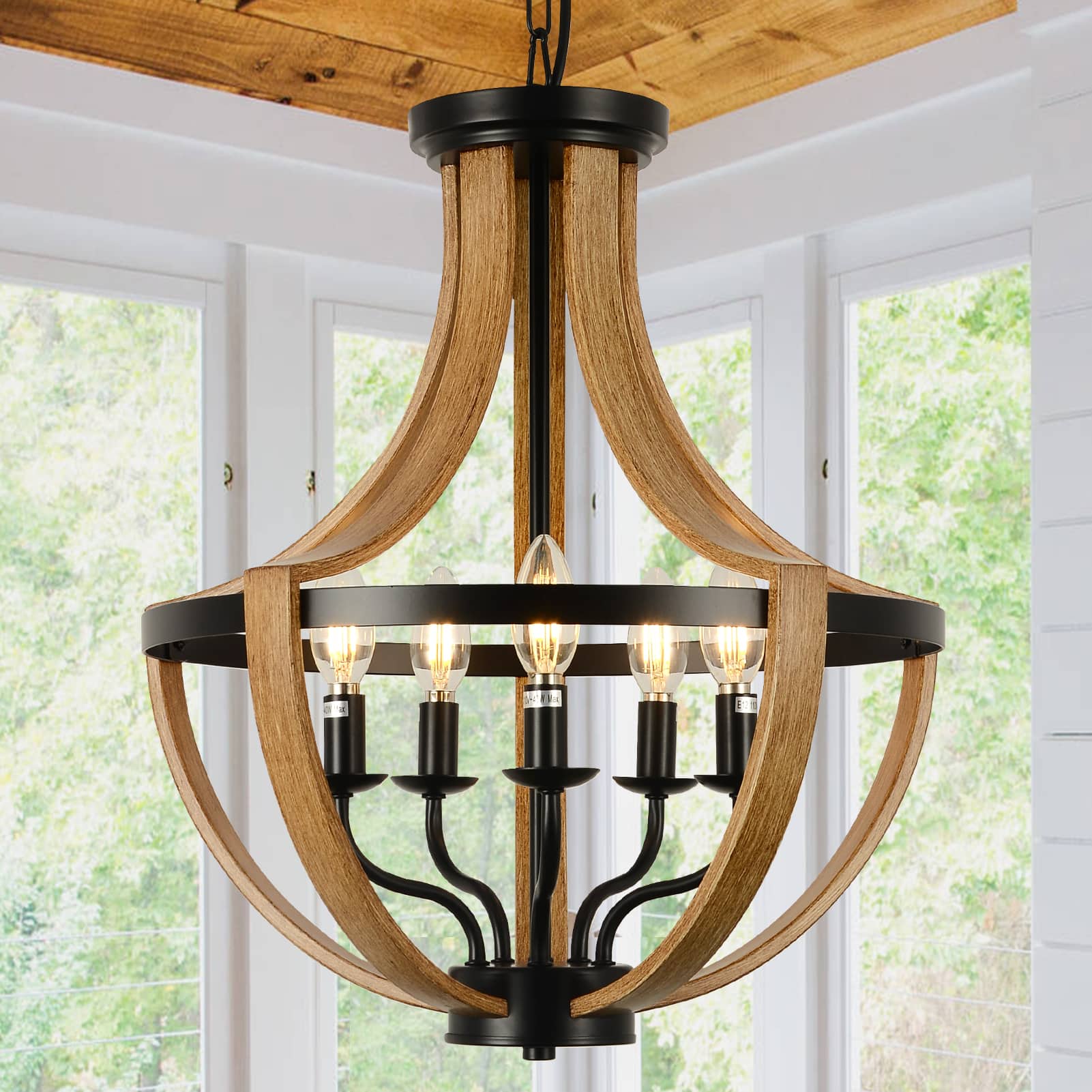 Z-Edge - Farmhouse Geometric Chandelier Light Fixture, 5-Light Adjustable Height Rustic Hanging Pendant Lighting for Dining Room - Brown