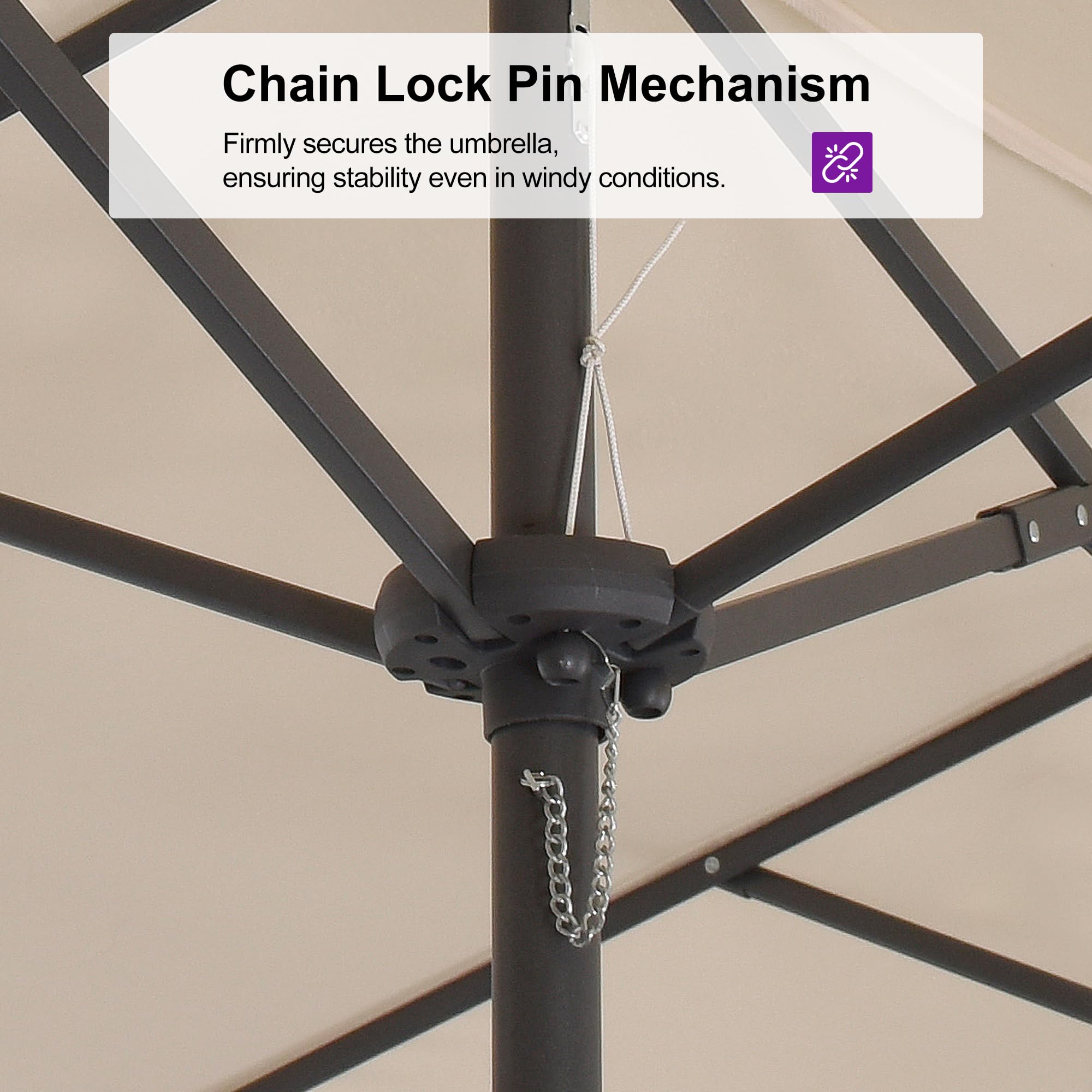 Chain Lock Pin Mechanism  
Firmly secures the umbrella, ensuring stability even in windy conditions.