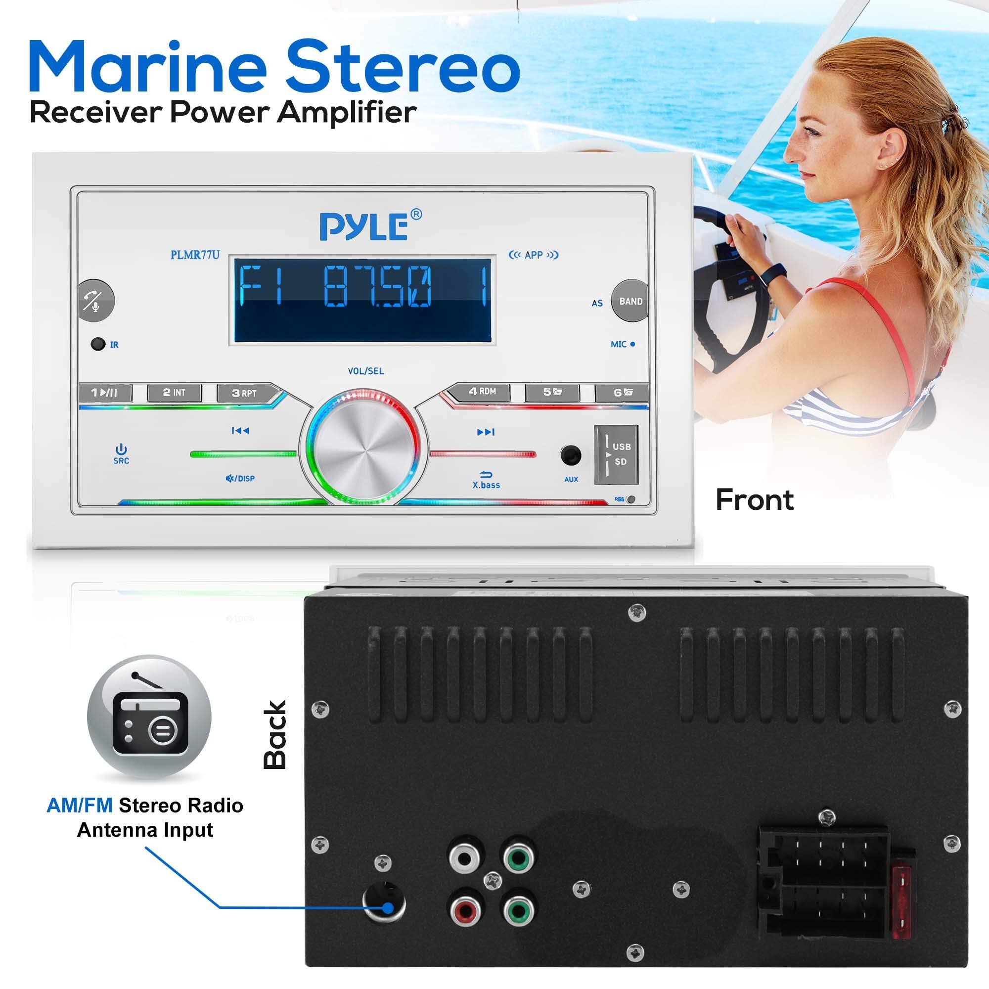 Marine Stereo Receiver Power Amplifier

PYLE®

PLMR77U

F1 87.50

VOL/SEL

1 2 3 4 5 6

SRC

USB SD

AUX

X bass

MIC

BAND

AS

IR

1/11

2 INT

3 APT

4 ROMS

5

6

Back

AM/FM Stereo Radio Antenna Input

Front