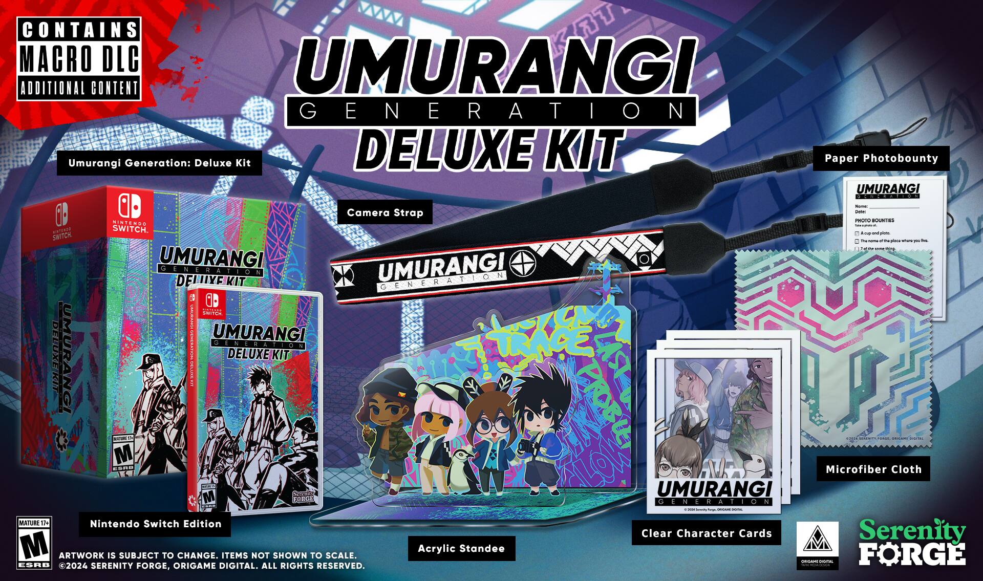 Umurangi Generation: Deluxe Kit

Includes:

* Nintendo Switch Edition
* Microfiber Cloth
* Clear Character Cards
* Serenity Acrylic Standee
* Artwork 2024 Serenity is subject to change. Digital items not all shown. Rights to reserved. Scale.

Deluxe Kit:

* Paper Photobounty
* Camera Strap
* Umurangi Generation: Deluxe Kit
* Nintendo Switch Edition
* Microfiber Cloth
* Clear Character Cards
* Serenity Acrylic Standee
* Artwork 2024 Serenity is subject to change. Digital items not all shown. Rights to reserved. Scale.