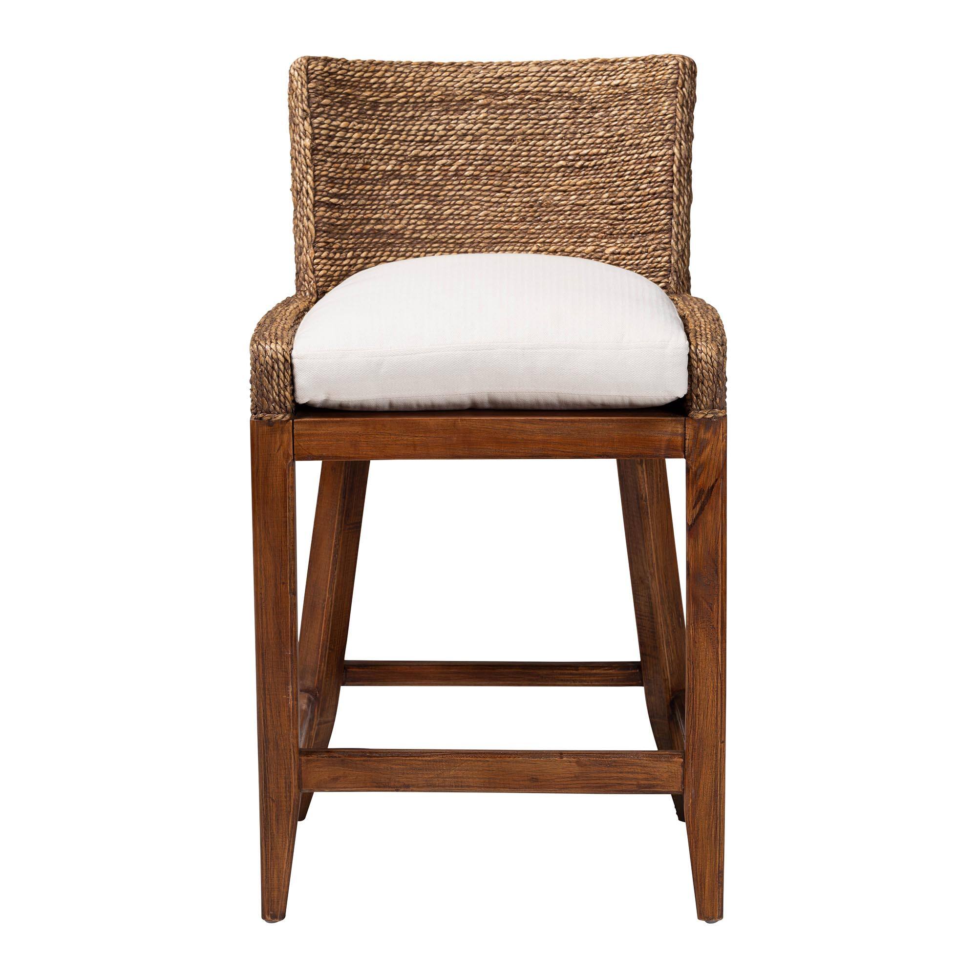 Angle. bali & pari - Ridley Seagrass Counter Stool with Mahogany Wood Frame - Seating with Woven Square Back and Cushioned Seat - Brown Wash.