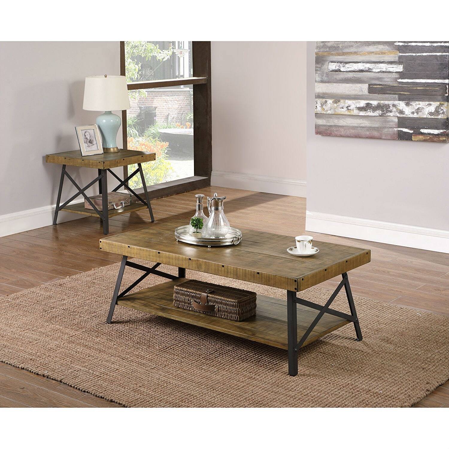 Left. Hivvago - Modern Industrial Style Solid Wood Coffee Table with Steel Legs - Rustic Brown.