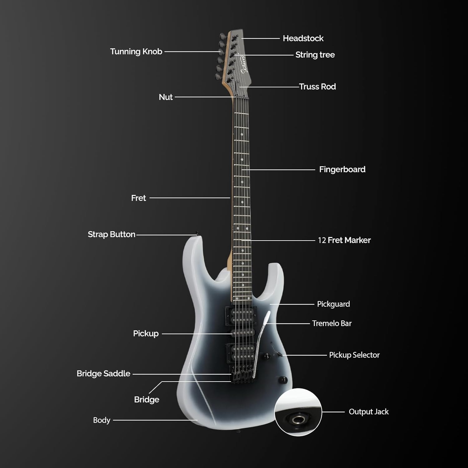 Tuning Knob  
Headstock  
String Tree  
Nut  
Truss Rod  
Fingerboard  
Fret  
Strap Button  
12 Fret Marker  
Pickguard  
Pickup  
Tremolo Bar  
Pickup Selector  
Bridge Saddle  
Bridge  
Body  
Output Jack