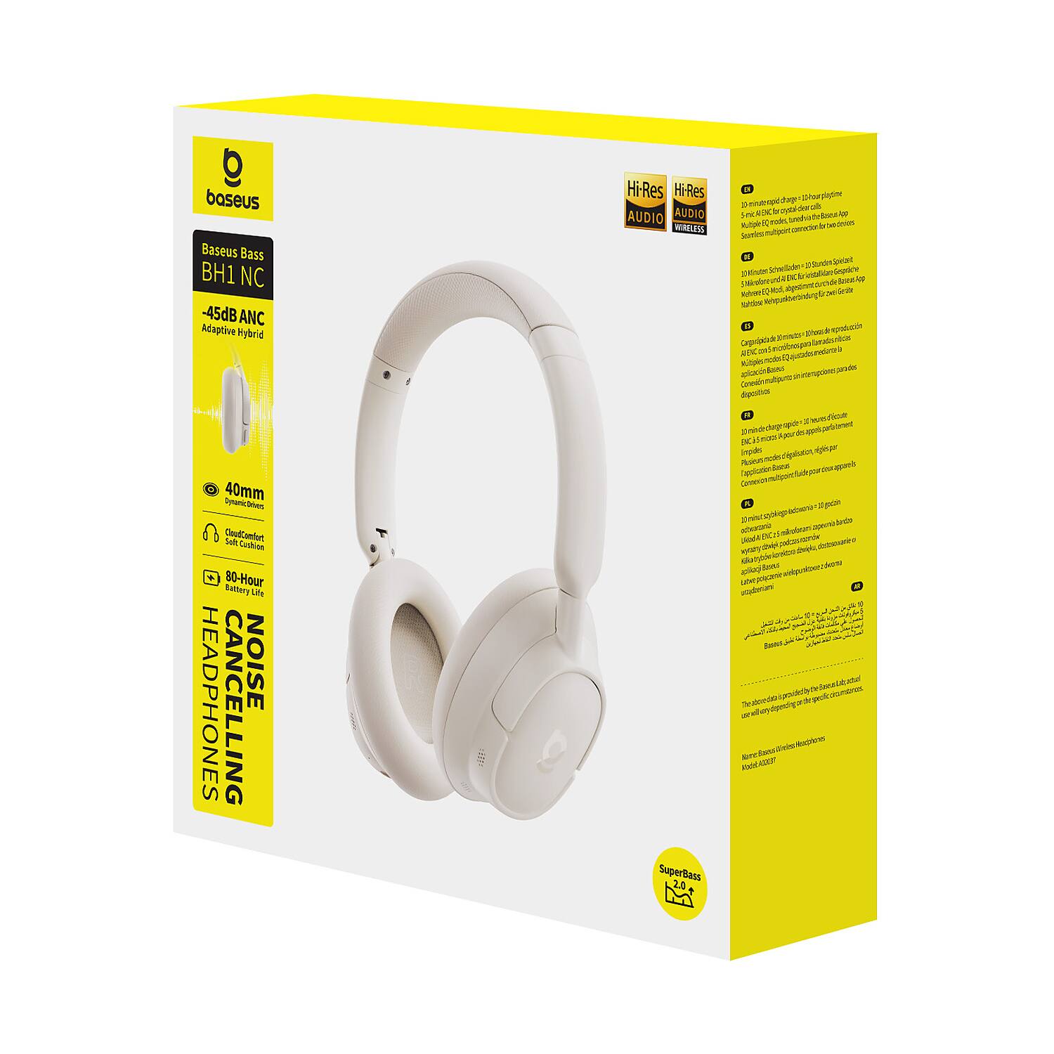 Baseus Baseus Bass BH1 NC -45dB ANC Adaptive Hybrid

Hi-Res Hi-Res AUDIO AUDIO WIRELESS

60 nois, taldow B Carporagidade

b thederions

DynamicDries 40mm CloudComfort, Saft, Cushion 80-Hour Battery Life HEADPHONES CANCELLING NOISE

Impedes bester KoreBaes-Miles-Russ-Runs Wadel ACAT SuperBass 2.0