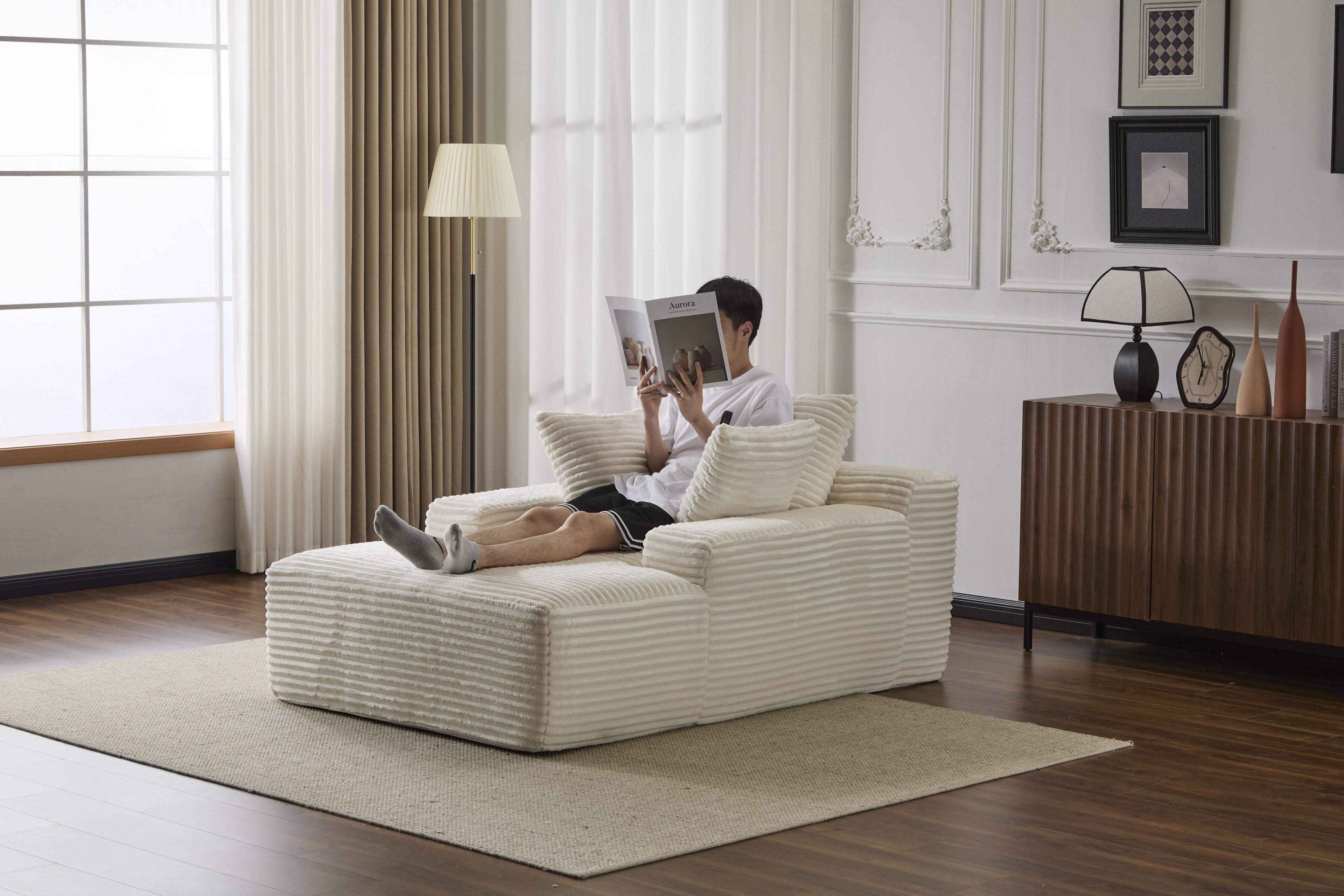 Left. Roomtec - Oversized Chaise Lounge Chair Cozy Cloud Couch Modern Plush Corduroy Upholstered Sleeper Sofa Daybed with 3 Throw - Beige.