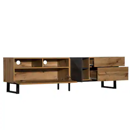 Front. Ecooso - TV Stand for 80" TVs, Entertainment Center with Double Storage & Drop-Down Door - Natural.