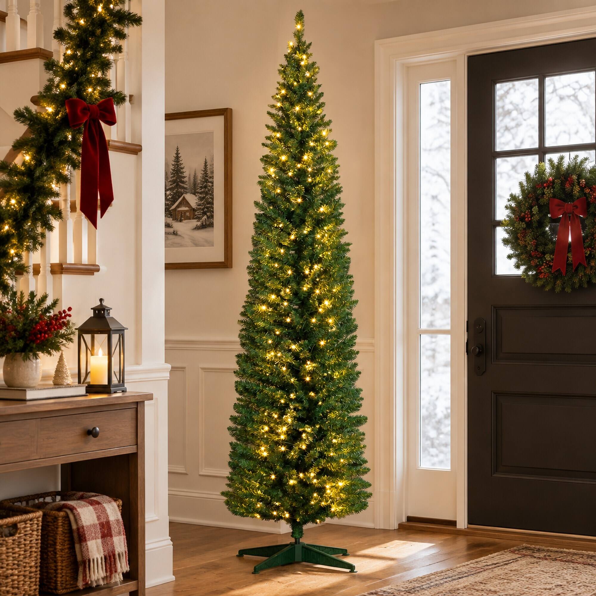 Alt View 1. RYHNUYNE - 8 Ft Pre-Lit Slim Noble Fir Artificial Christmas Tree With 300 Warm White LED Lights, 618 Tips Metal Stand Decor - Green.