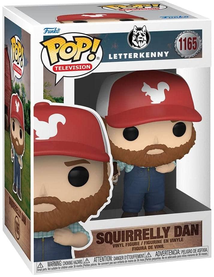 Sure, here is the corrected and grouped text from the image:

---

**Top Left:**
- Funko POP! TELEVISION
- LETTERKENNY
- SQUIRRELLY DAN

**Top Right:**
- 1165

**Center:**
- SQUIRRELLY DAN
- VINYL FIGURE / FIGURINE EN VINYLE
- VINYL FIGURE / FIGURA DE VINIL

**Bottom:**
- WARNING: CHOKING HAZARD. Small parts. Not suitable for children under 36 months.
- ATTENTION: DANGER D'ÉTOUFFEMENT. Petites pièces. Ne convient pas aux enfants de moins de 36 mois.
- ADVERTENCIA: PELIGRO DE ASFIXIA. Partes pequeñas. No es adecuado para niños menores de 36 meses.

**Bottom Left:**
- Funko

---