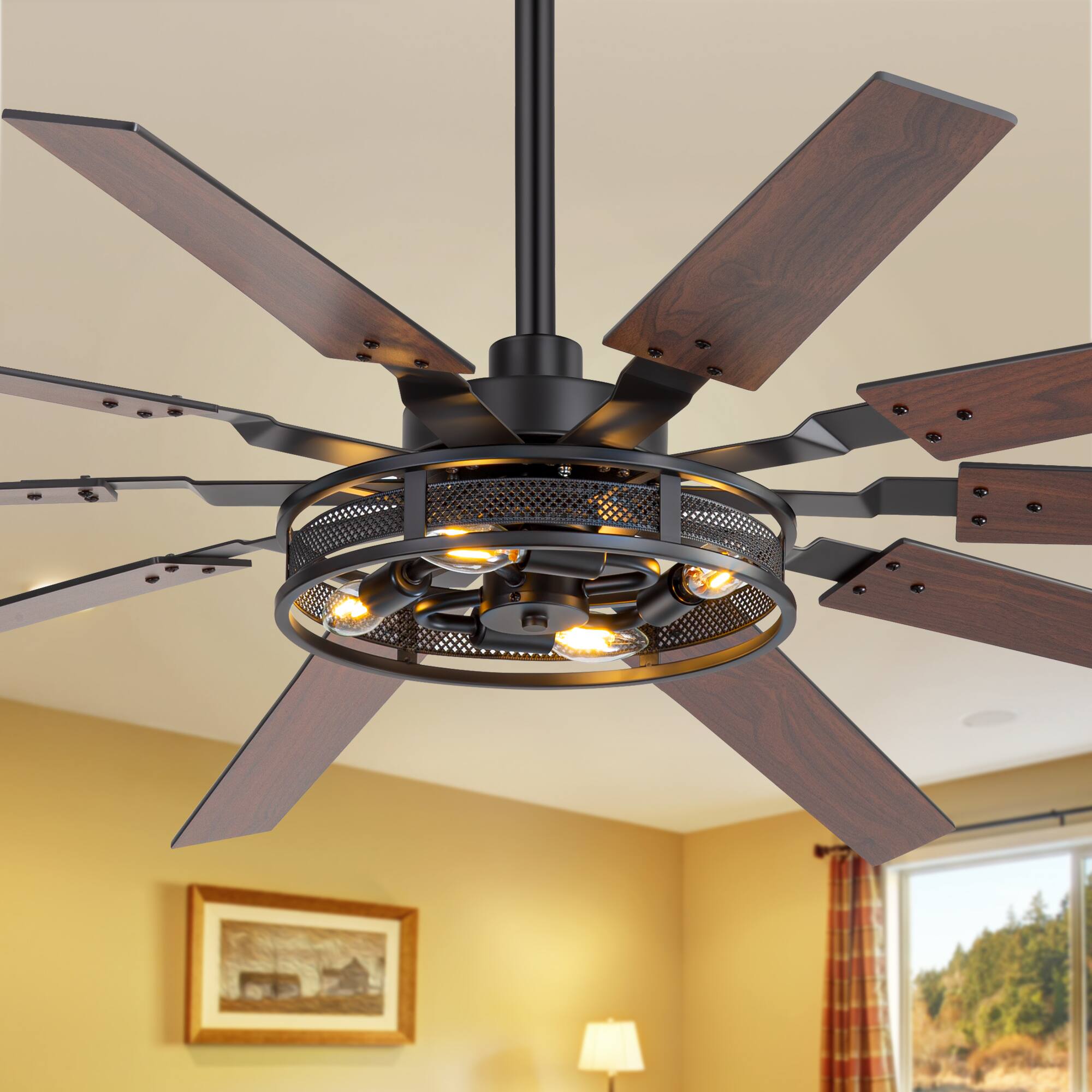 Back. Breezary - 60-inch Ceiling Fan with Light Kit, 10 Plywood Blades, DC Motor, 6-Speed Remote Control with Memory Function - Matte Black and Dark Walnut Color.
