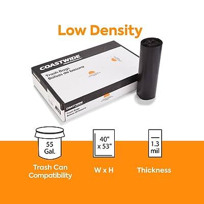 Low Density  
COASTWIDE  
Trash Bags  
Bolsas de basura  

55 Gal.  
Trash Can Compatibility  

40" x 53"  
W x H  

1.3 mil  
Thickness