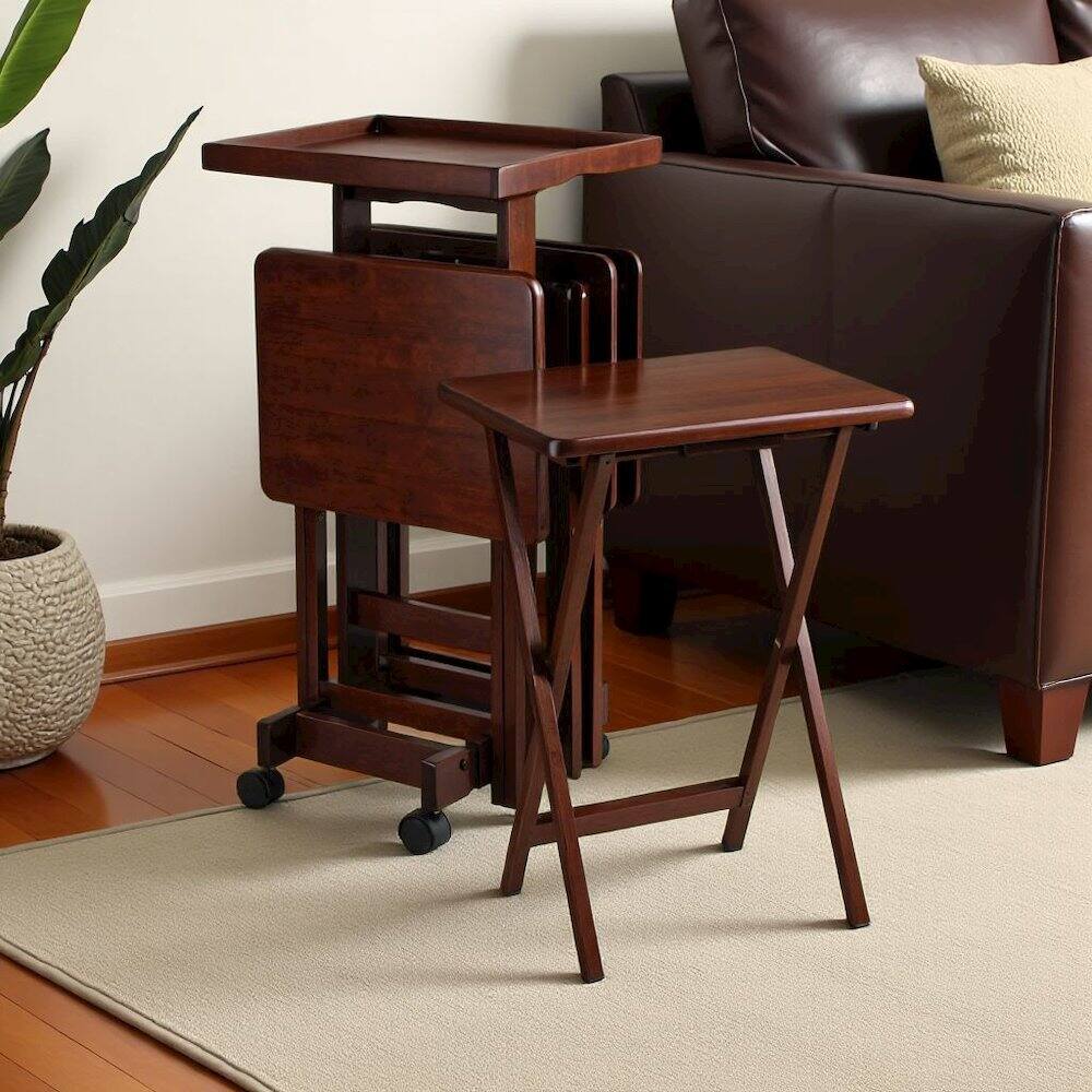 Alt View 1. FurniFact - Walnut Solid Wood TV Tray Set – Folding Snack Tables for Dining & Work - Walnut.