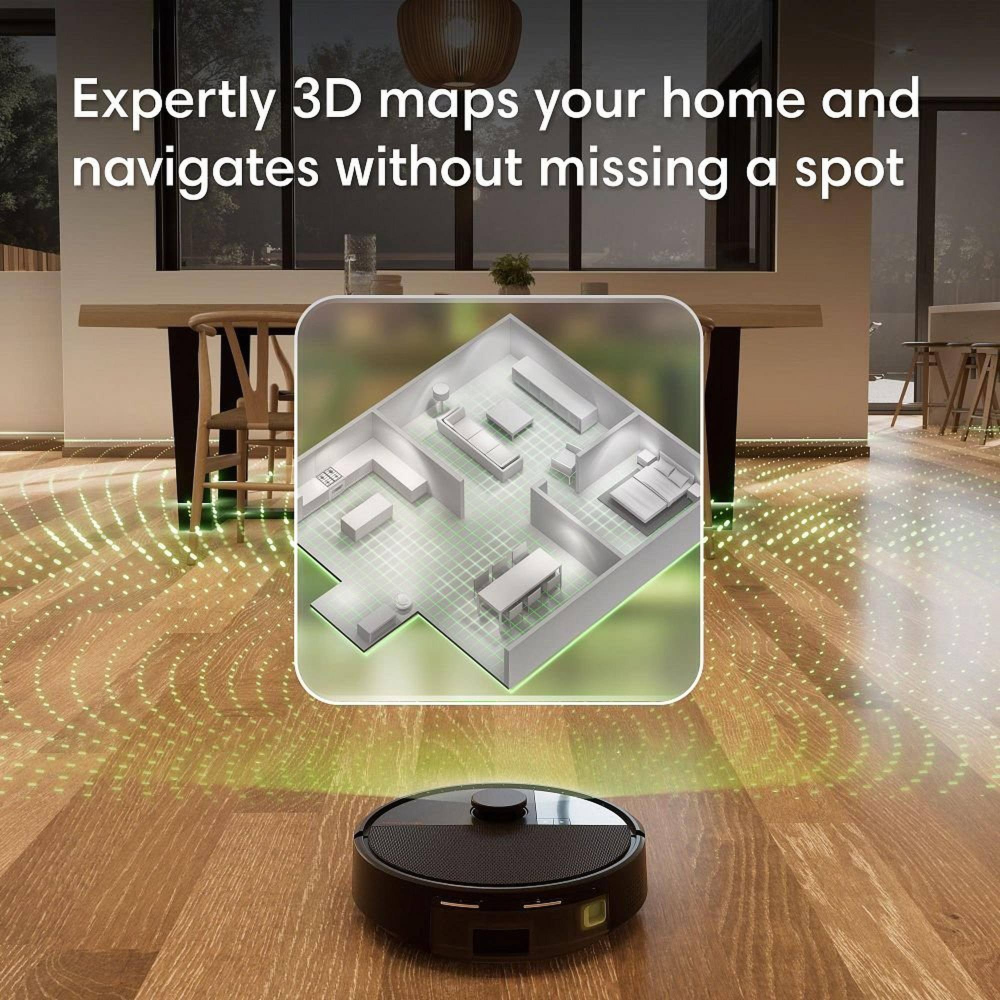 Expertly 3D maps your home and navigates without missing a spot