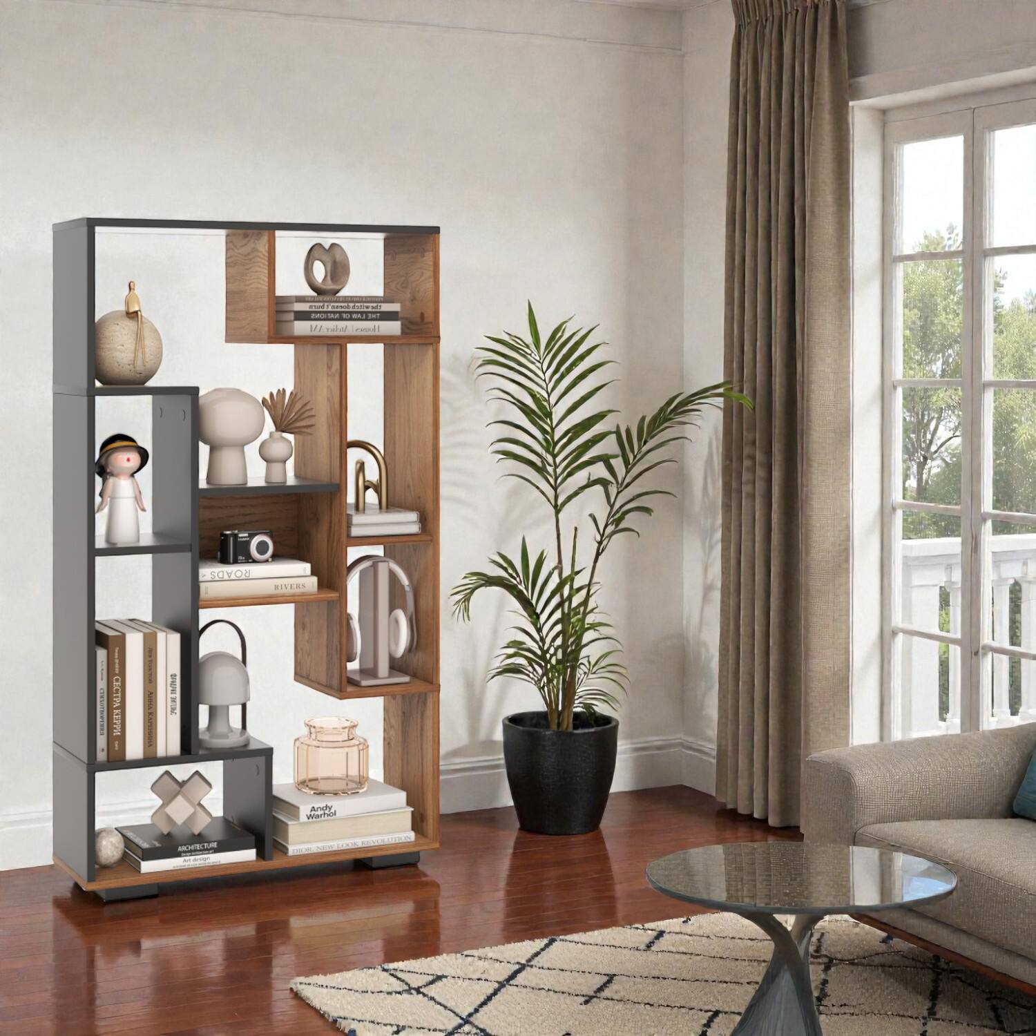 Hivvago- 47-Inch Upright Storage Bookcase for Home Office and Lounge Décor- Natural & Black