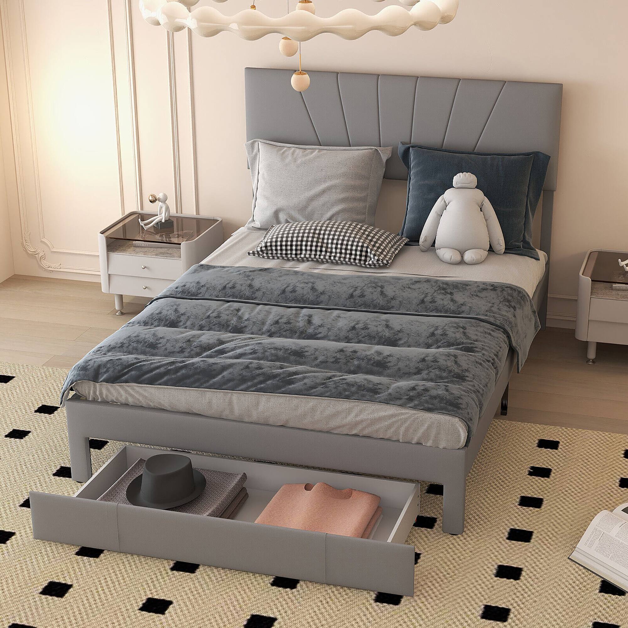 Alt View 8. Gymax - Gymax Queen Upholstered Bed Frame Platform Bed with Drawer & Adjustable Headboard Grey - Grey.