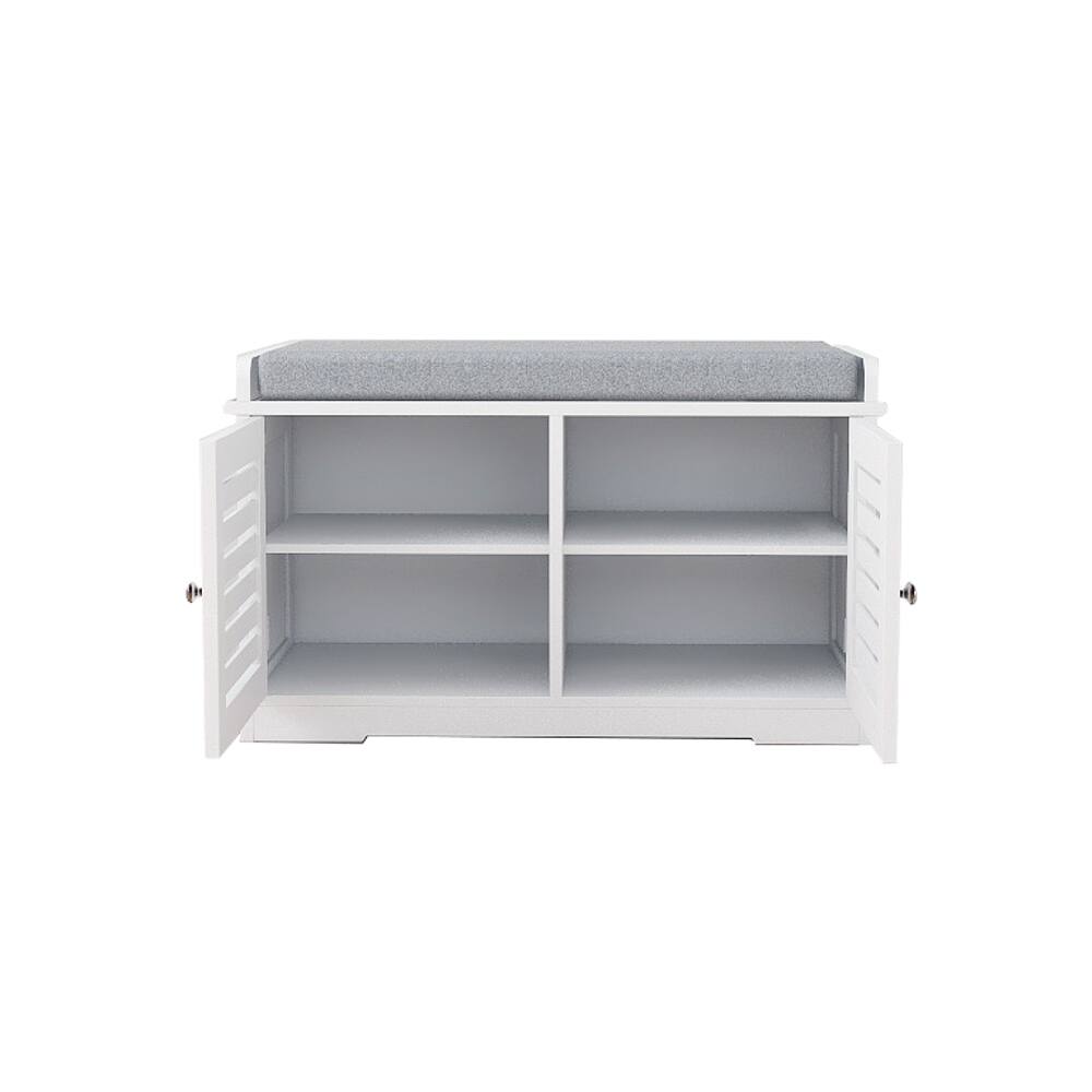 Alt View 4. Ropilly - Ropilly White Shoe Storage Bench with Padded Seat Cushion, Modern Entryway Bench with Barn Doors - White.