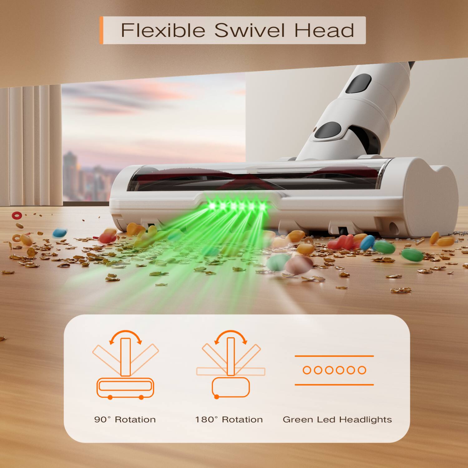 Flexible Swivel Head, 90° Rotation, 180° Rotation, Green Led Headlights