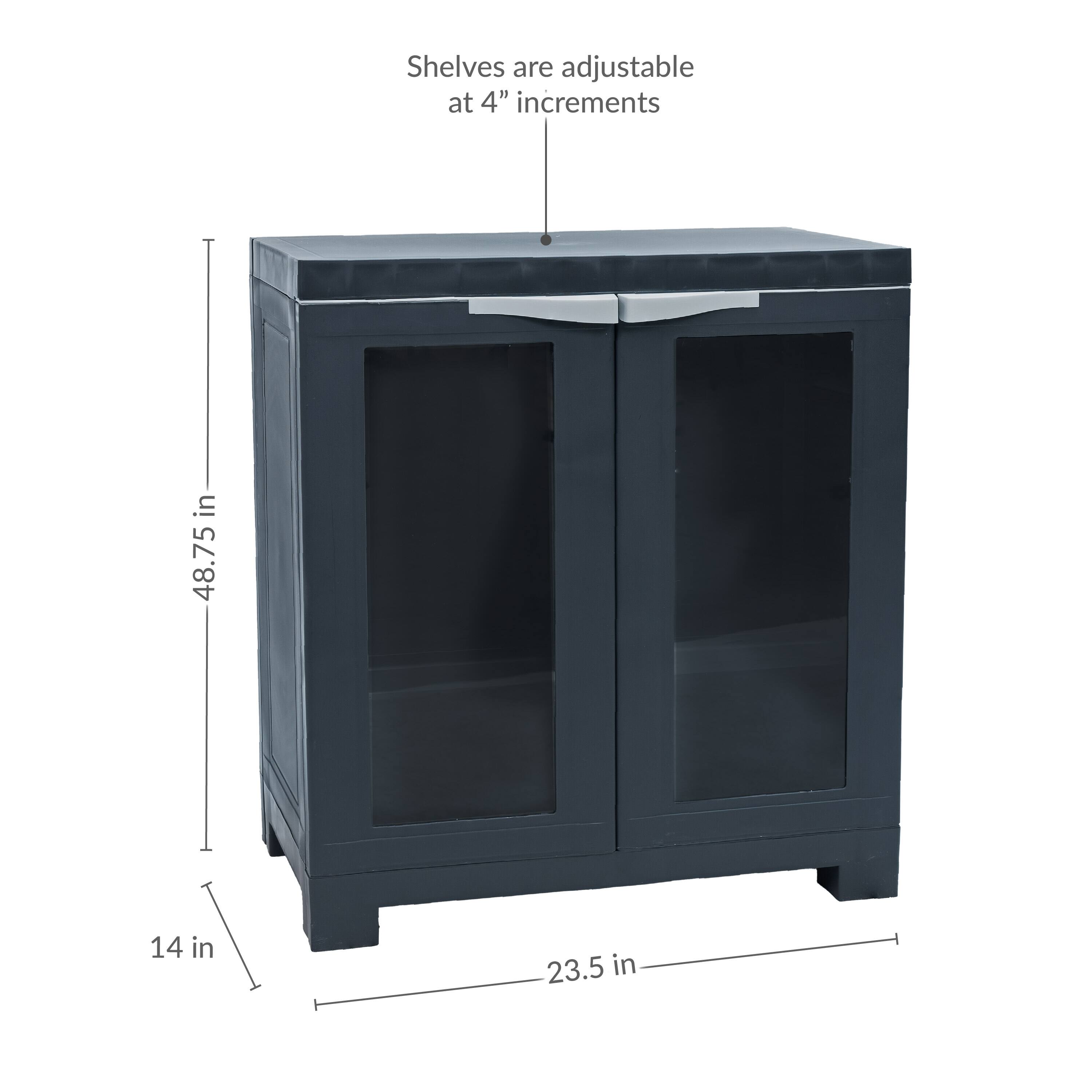 Shelves are adjustable at 4" increments in 48.75" x 14" x 23.5"