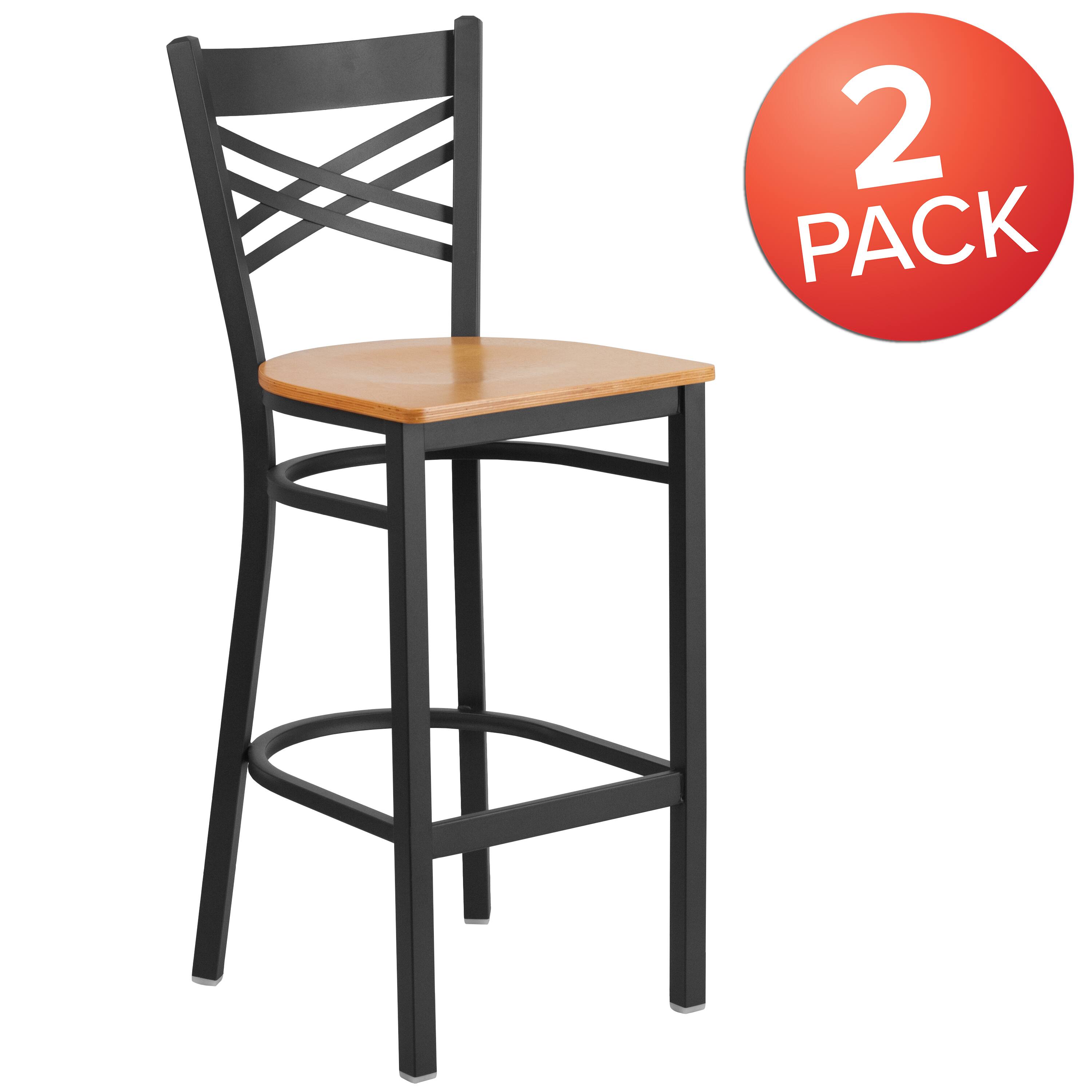 Alt View 1. Emma + Oliver - 2 Pack "X" Back Metal Restaurant Barstool - Natural Wood Seat/Black Metal Frame.
